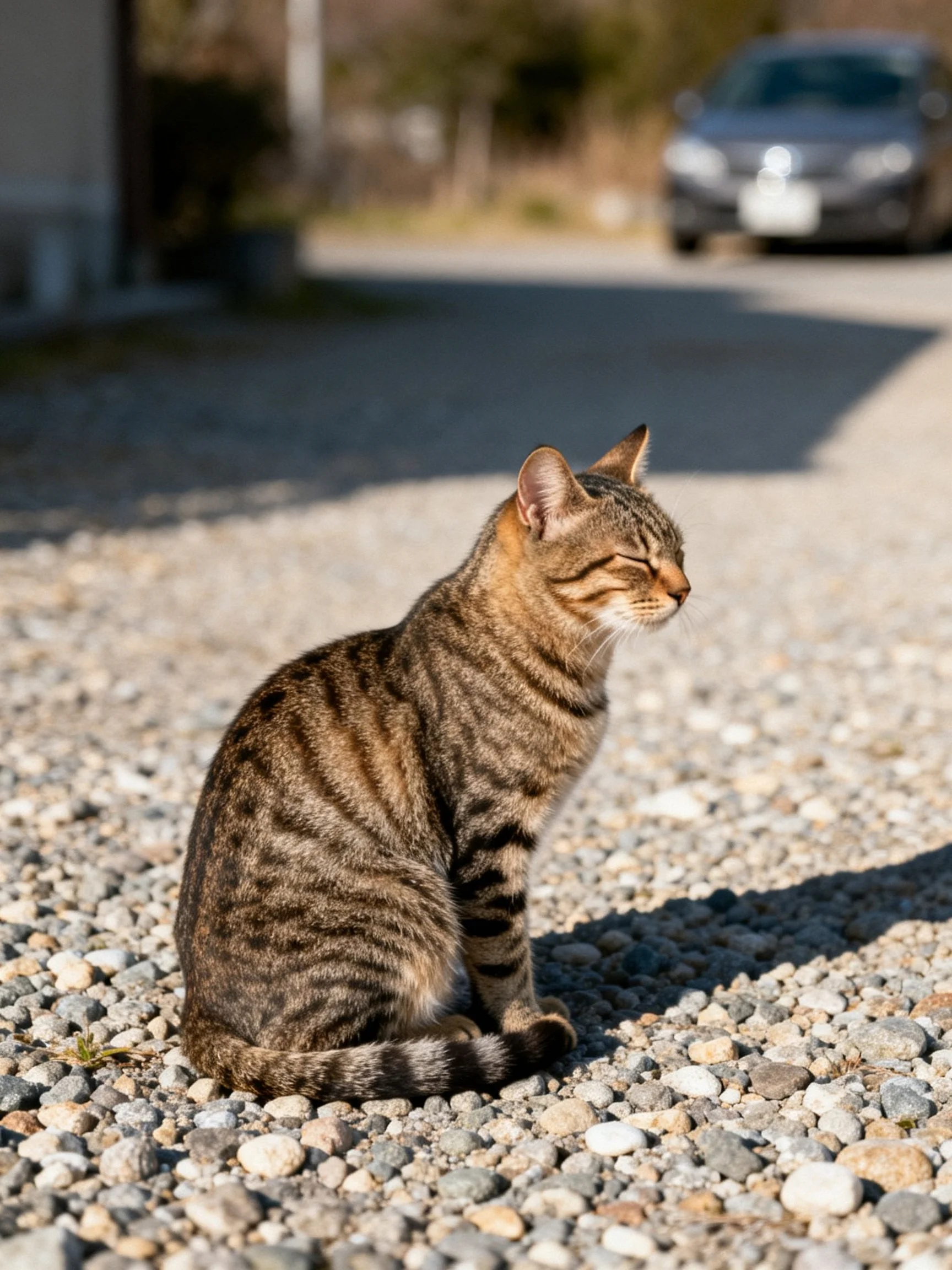 A striped tabby cat sits on gravel near a paved road with a car