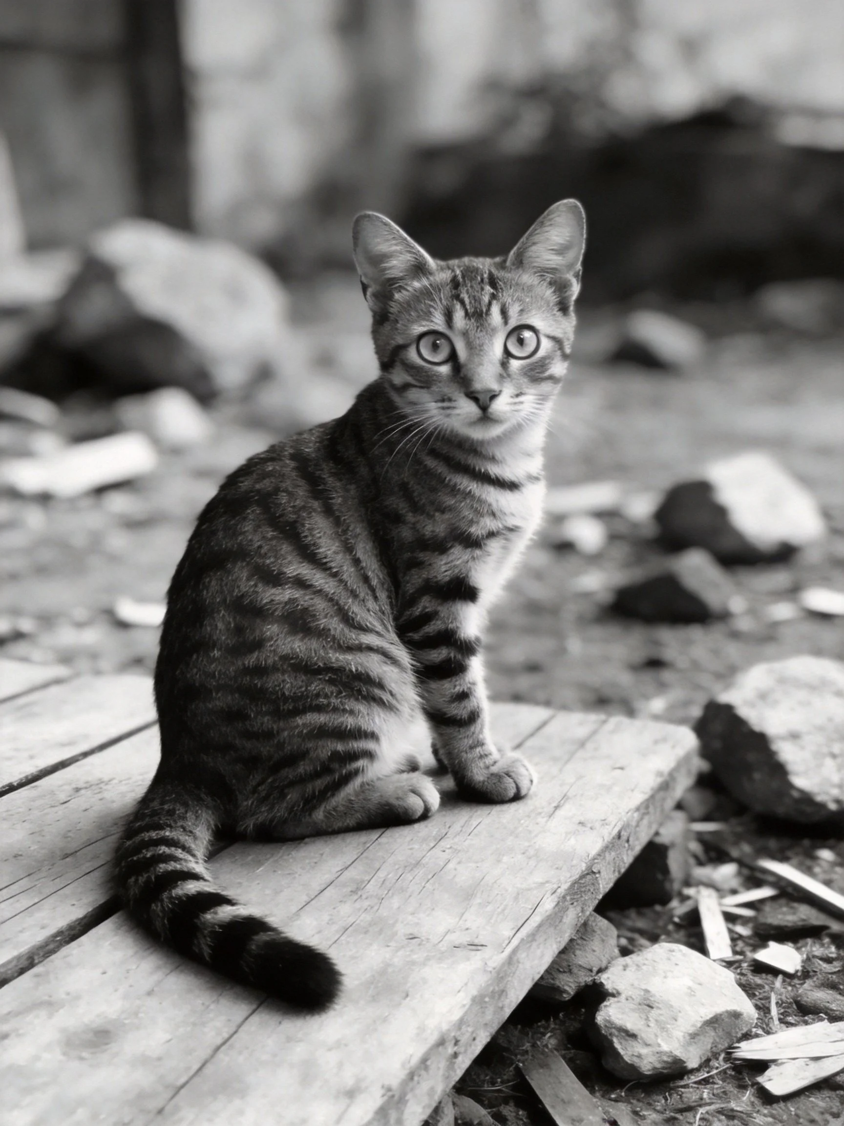 A striped tabby cat sits on weathered wooden planks near scattered rocks