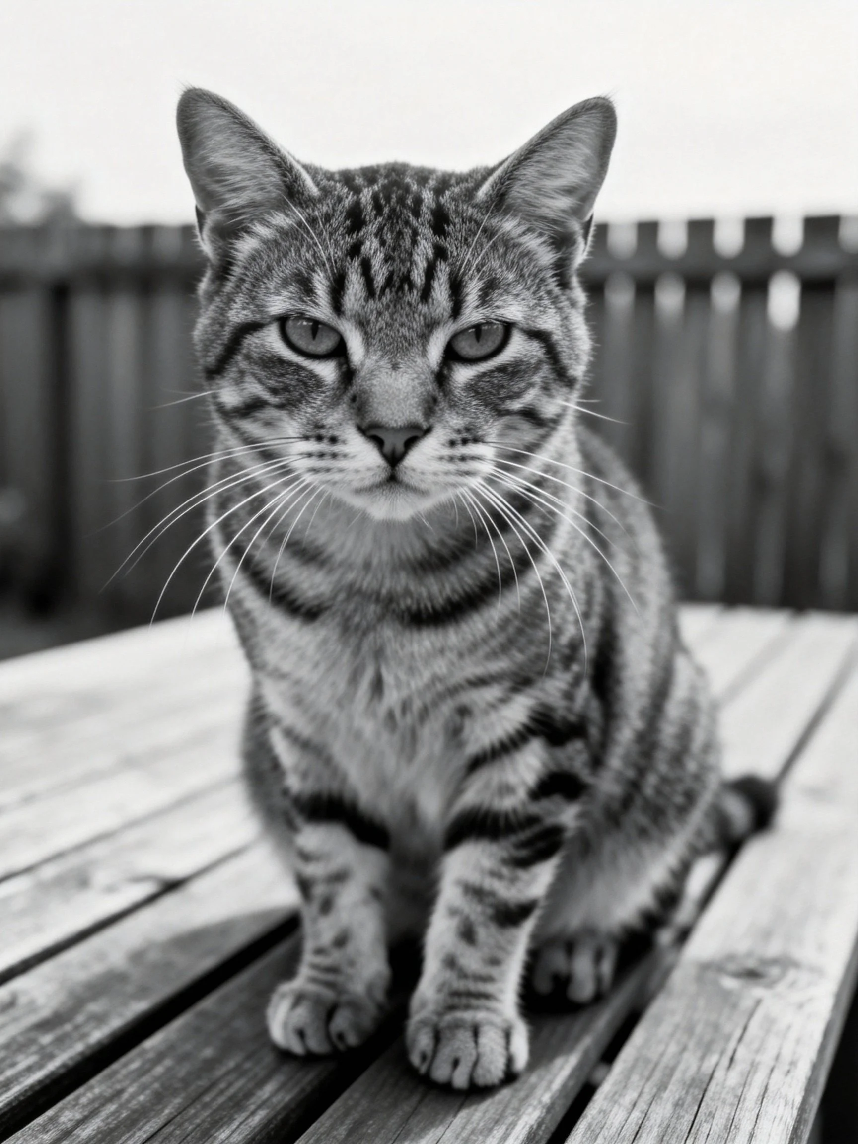 A striped tabby cat sits on weathered wooden planks