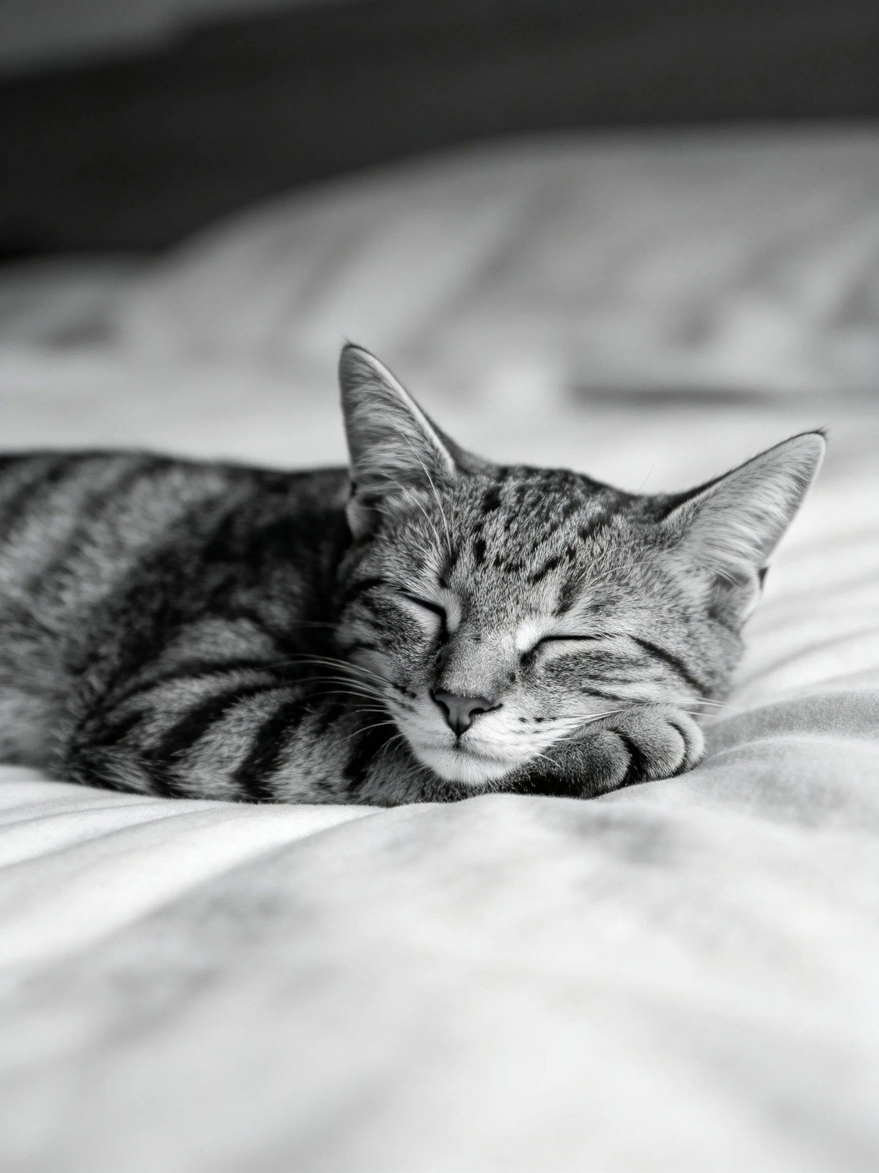 A striped tabby cat sleeps on a soft bed