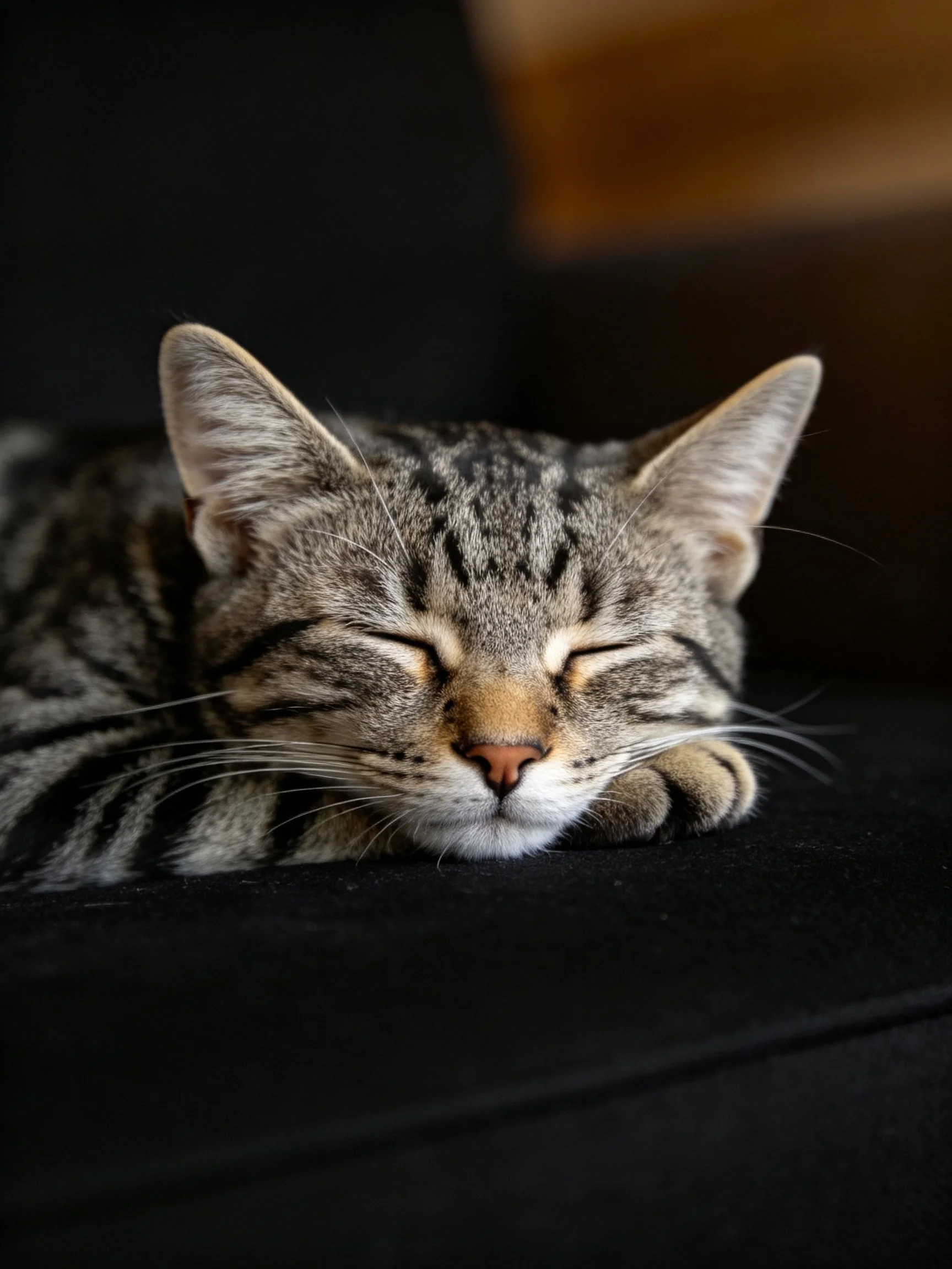 A striped tabby cat sleeps on dark fabric