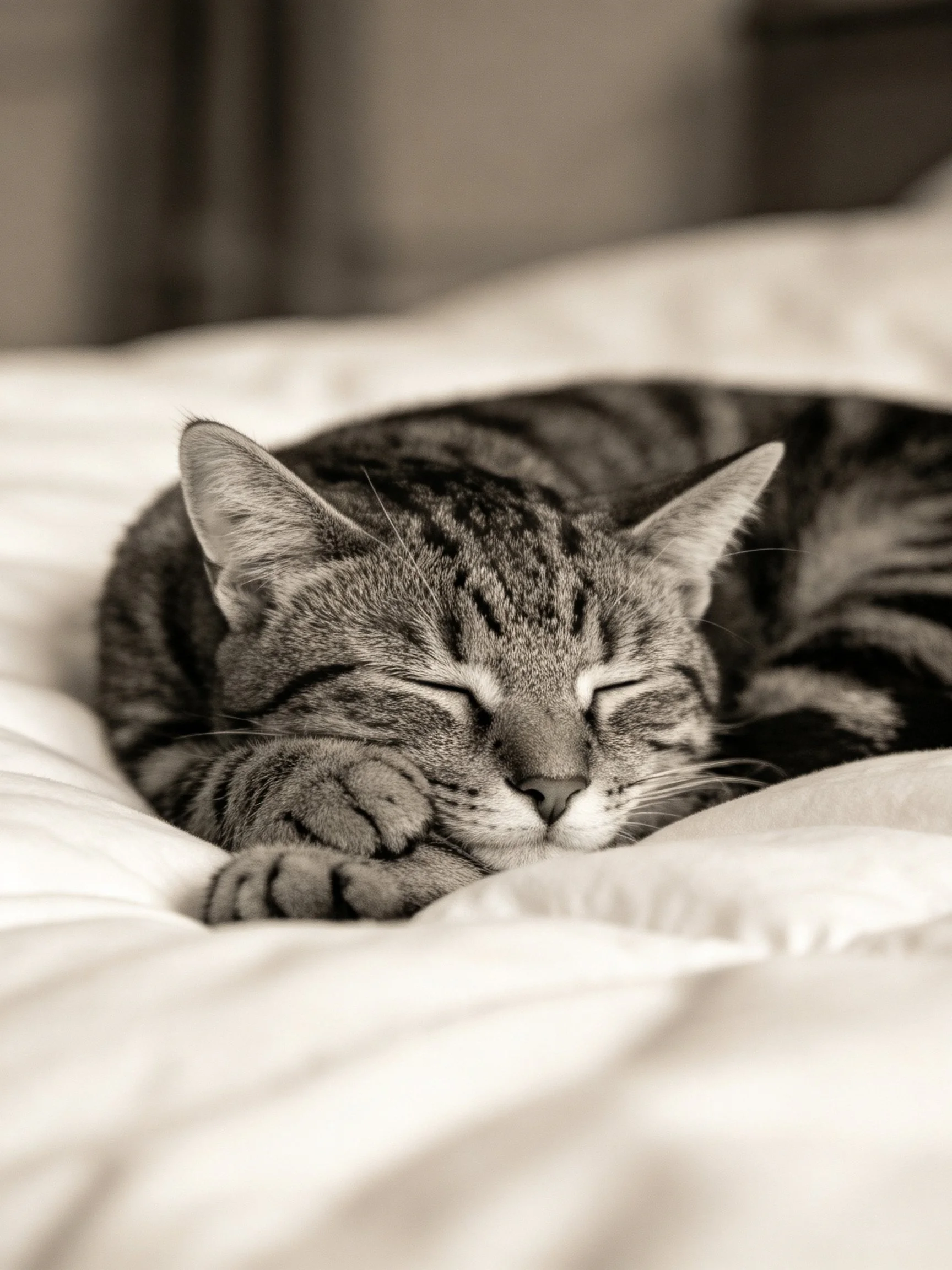 A tabby cat rests comfortably on soft bedding