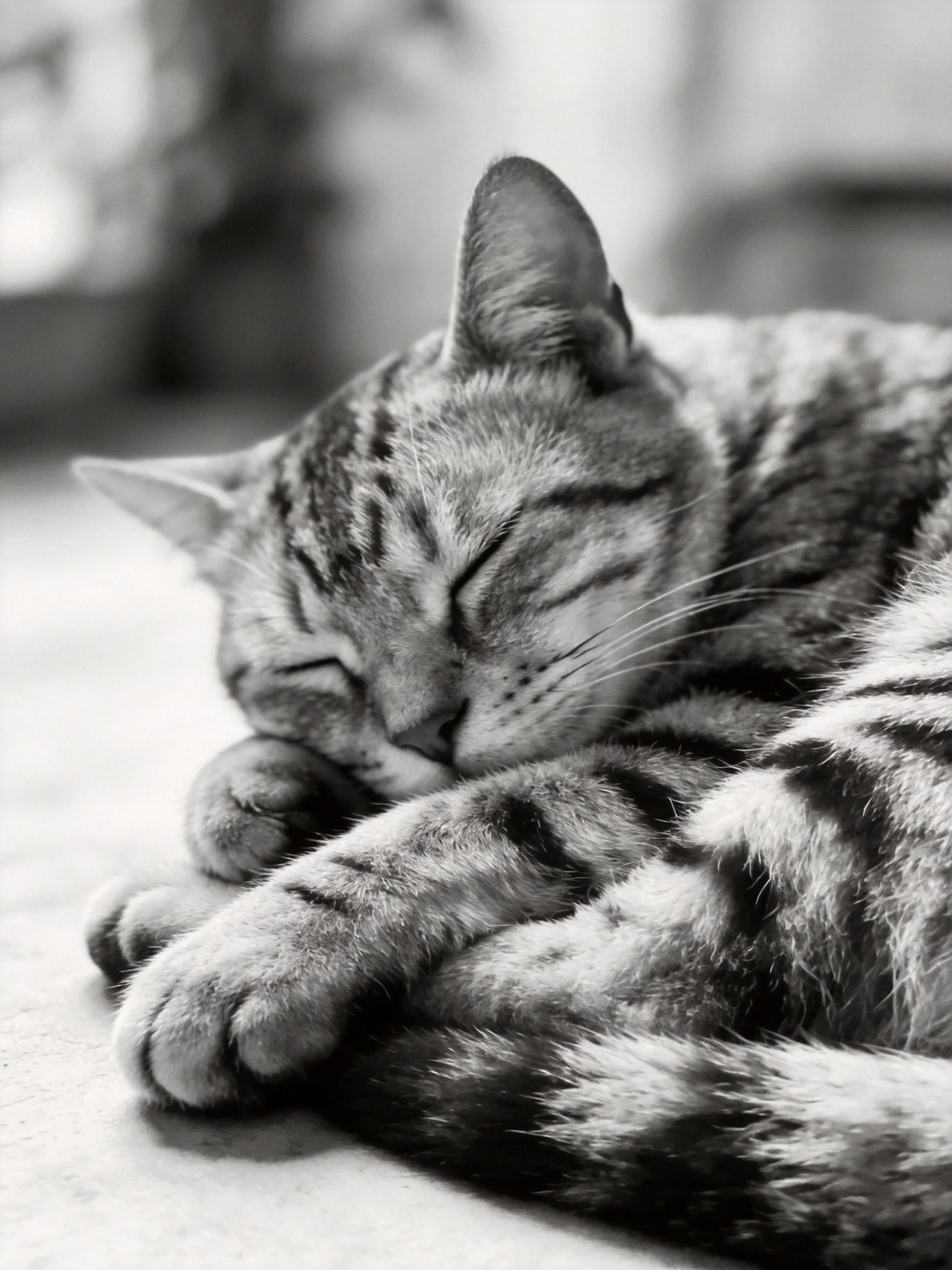 A striped tabby cat sleeps peacefully with eyes closed.