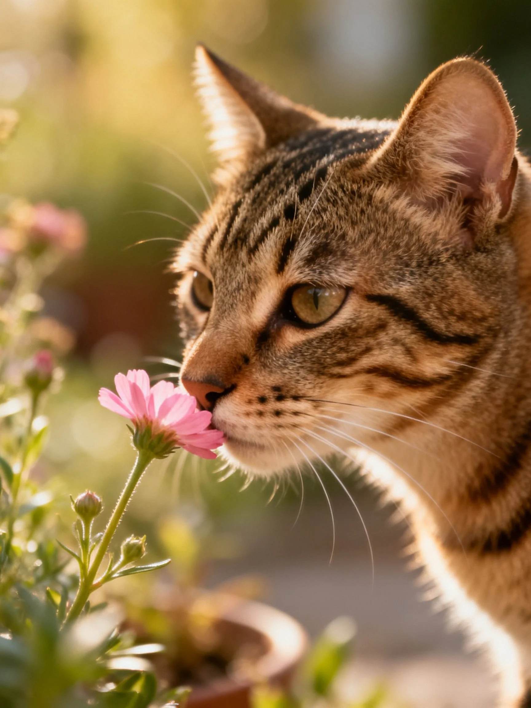 A striped tabby cat sniffs a pink flower in soft sunlight