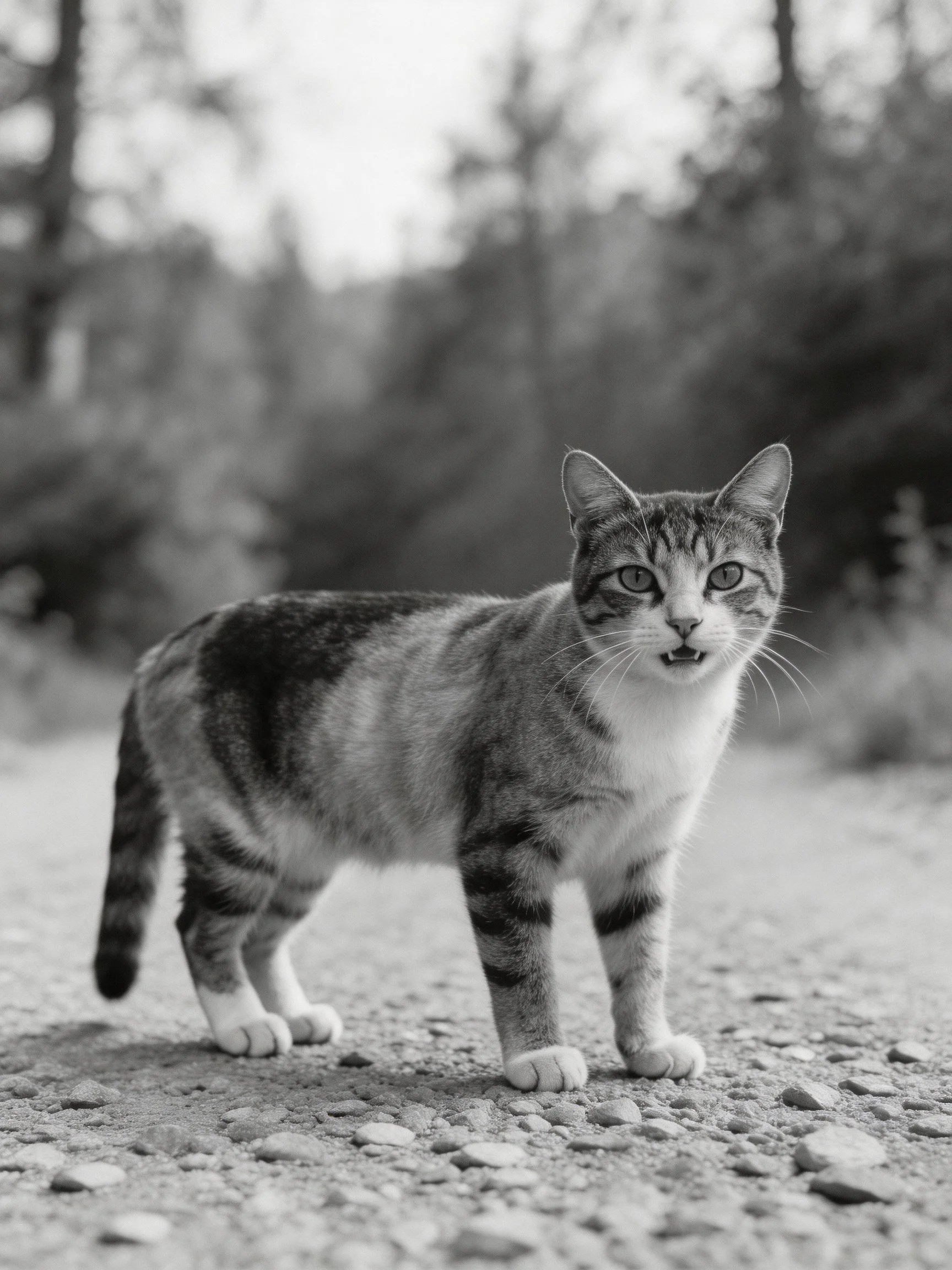 A striped tabby cat stands on a gravel path