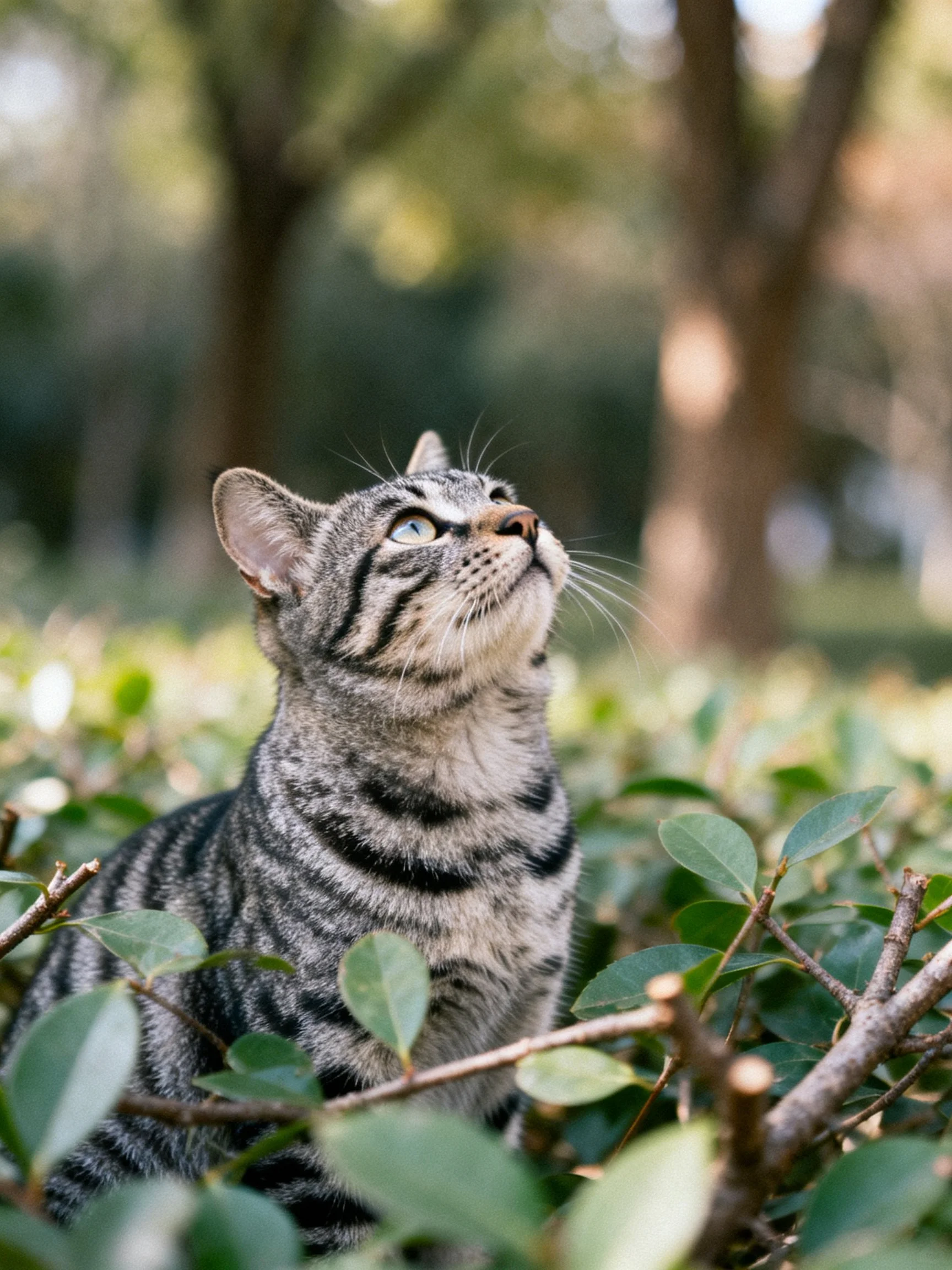 A striped tabby cat surrounded by dense green foliage, gazing upward