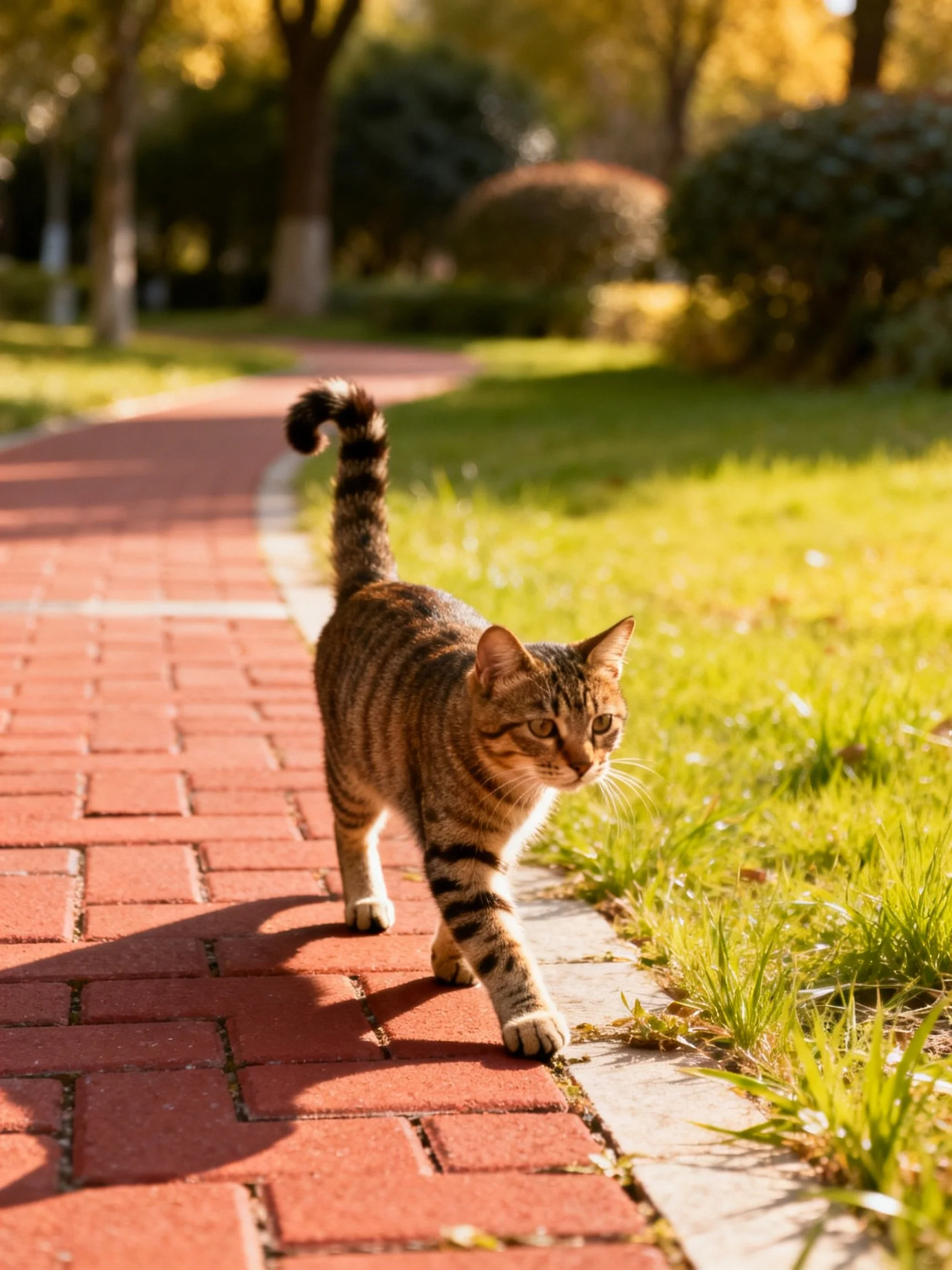 A striped tabby cat walking along a red-brick pathway