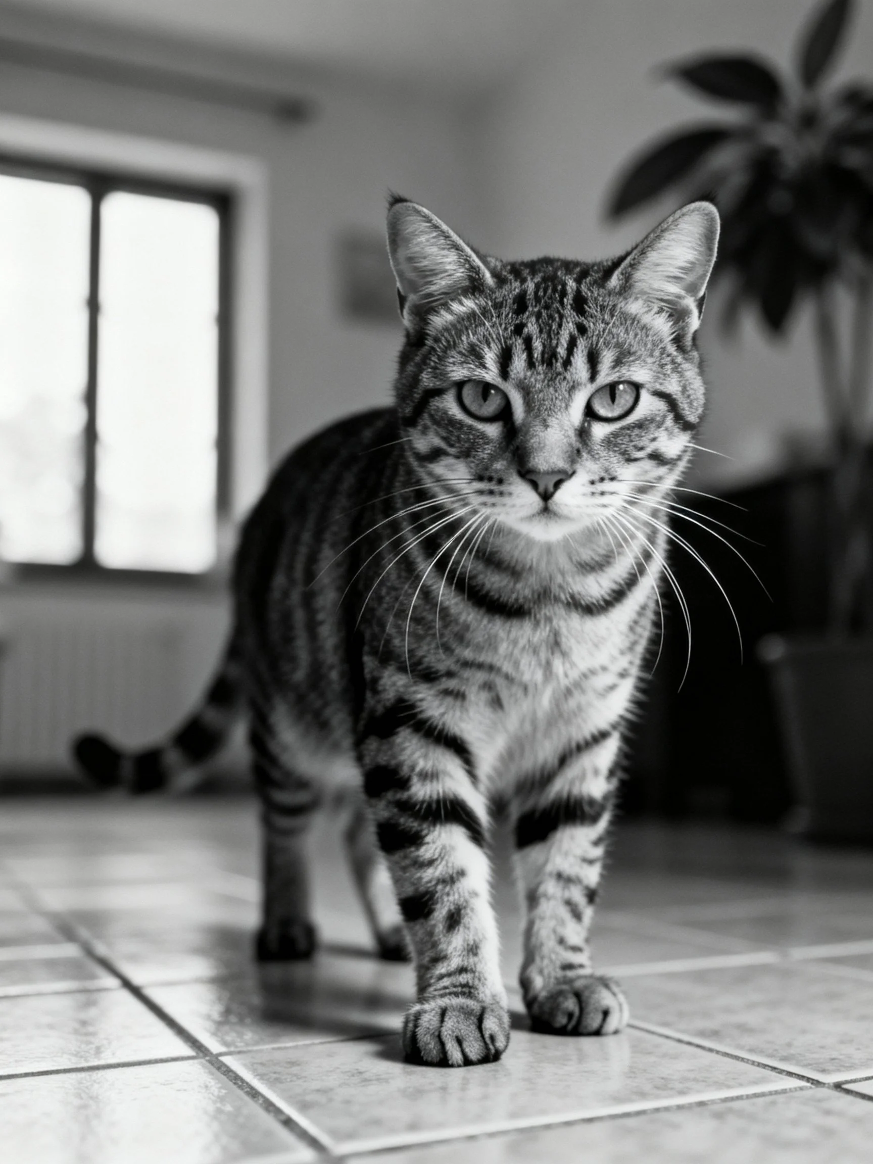 A striped tabby cat walking on tiled flooring indoors