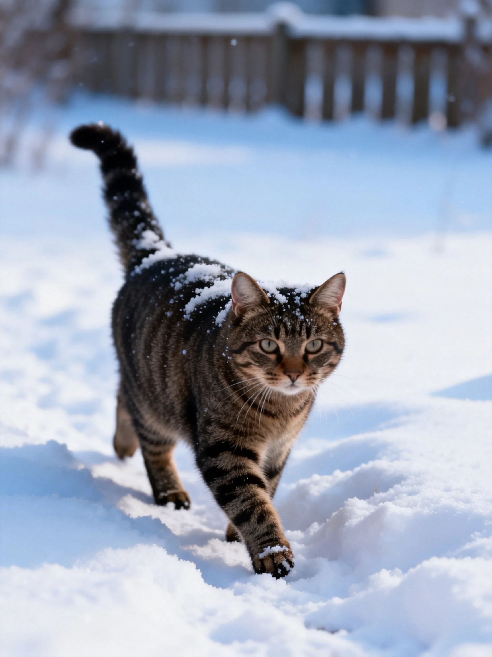 A striped tabby cat walking through snowy terrain with snow on its back