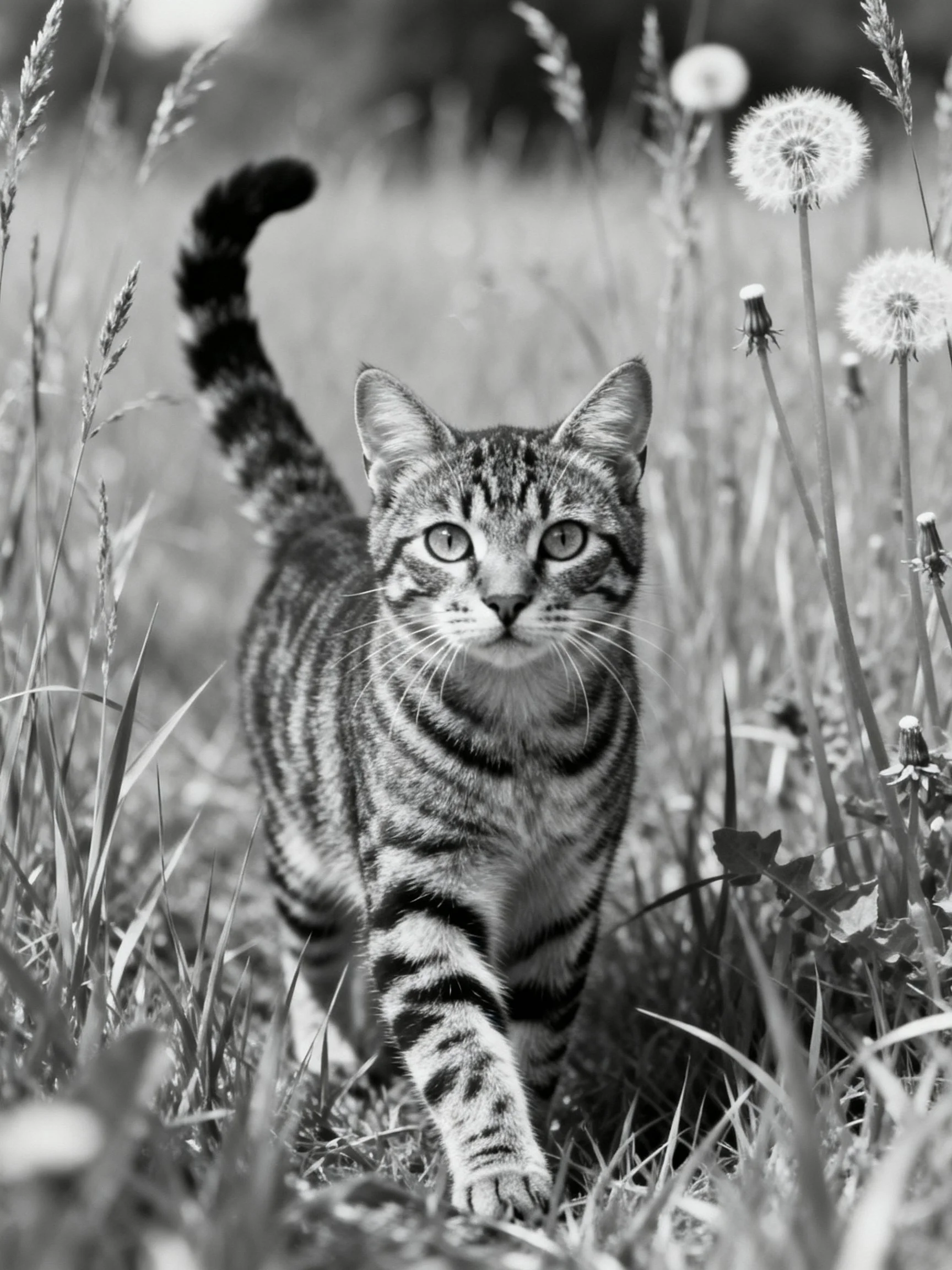 A striped tabby cat walking through tall grass with dandelions