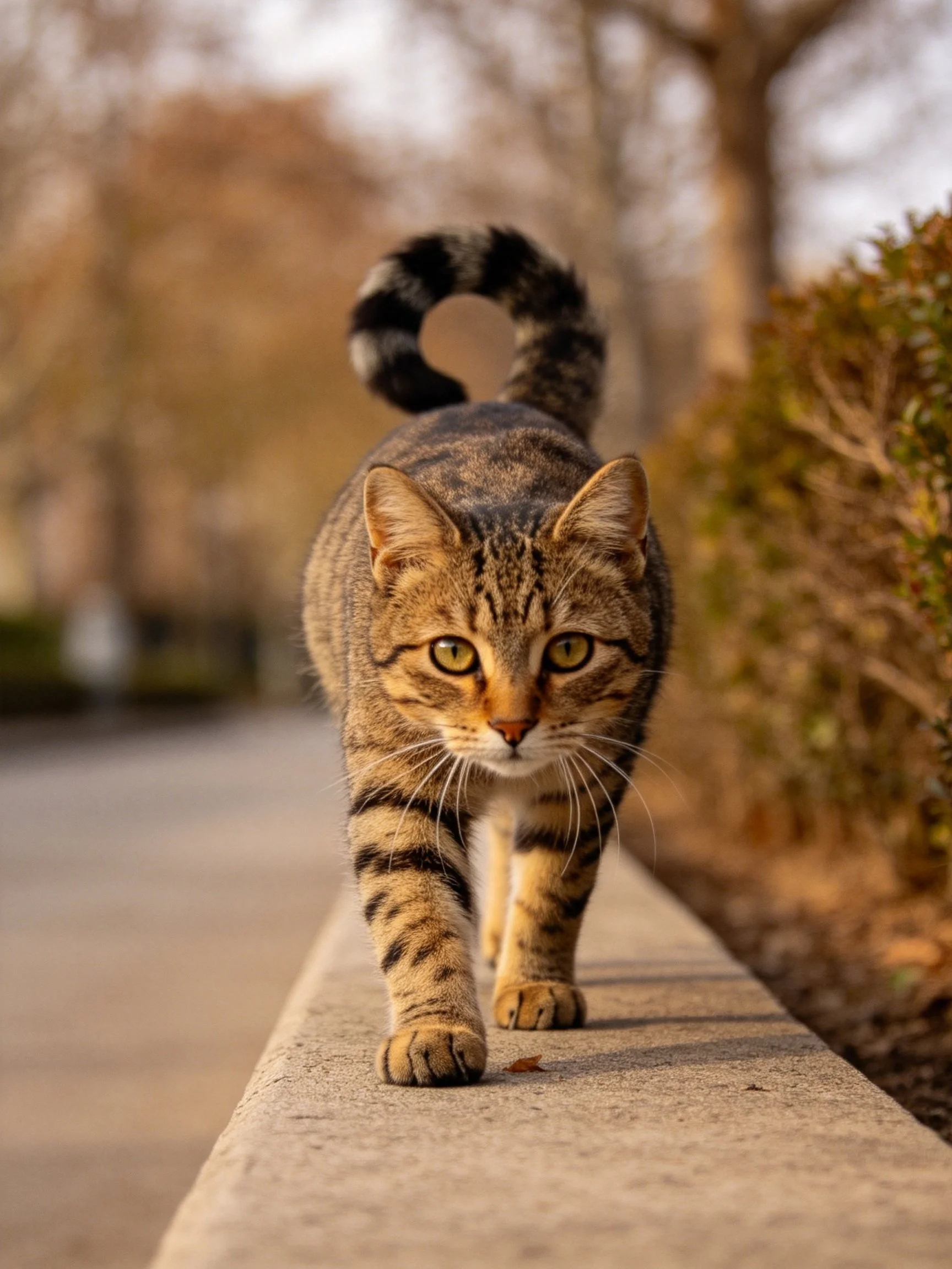 A tabby cat walks on a concrete ledge in an outdoor setting.