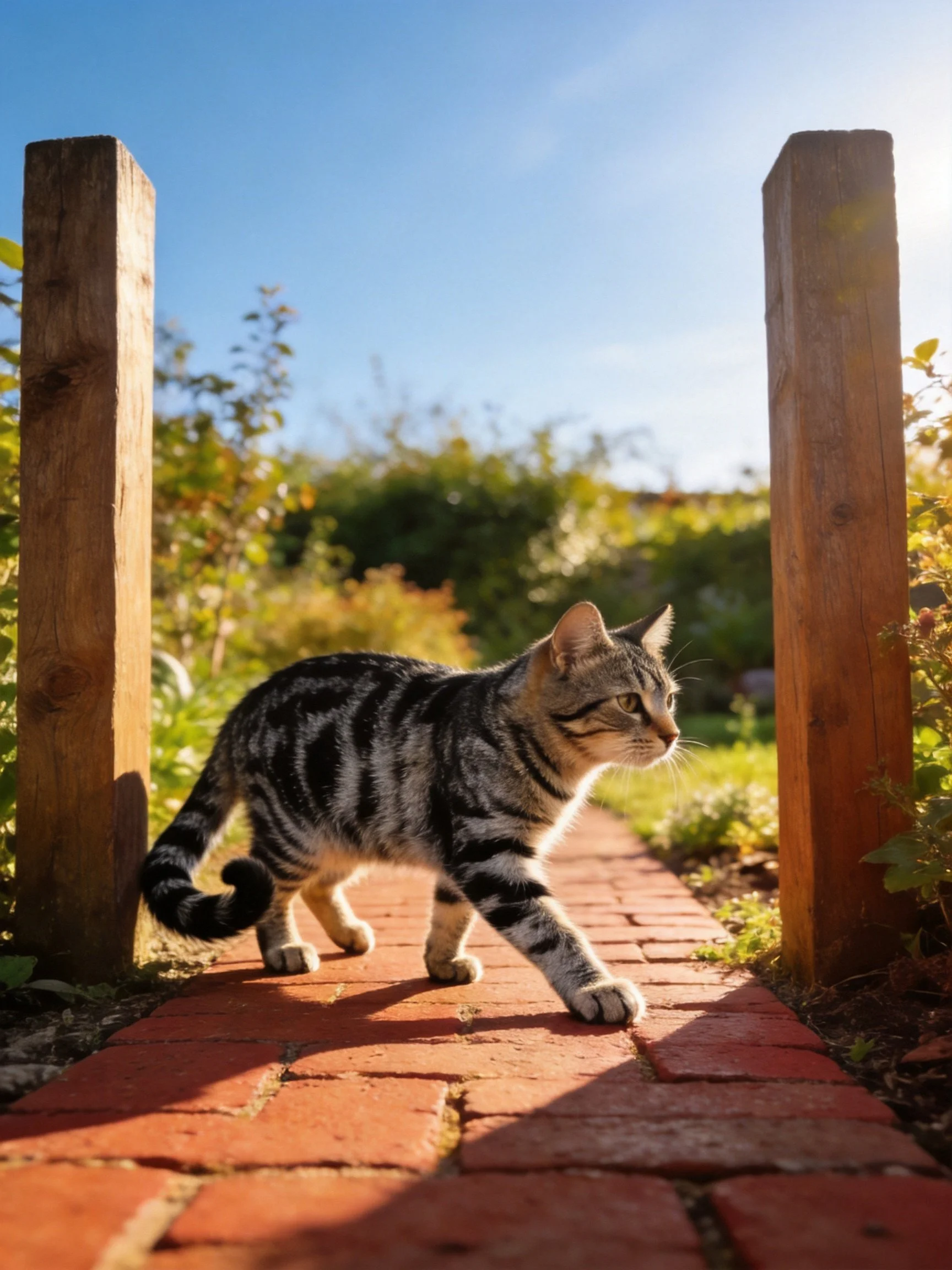 A striped tabby cat walks along a red-brick pathway between wooden posts