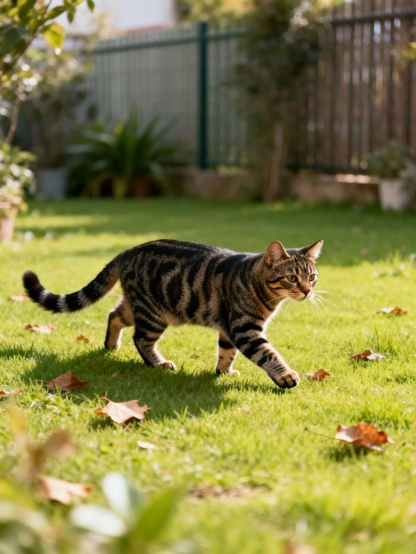 A striped tabby cat explores a sunlit backyard lawn with fallen leaves.