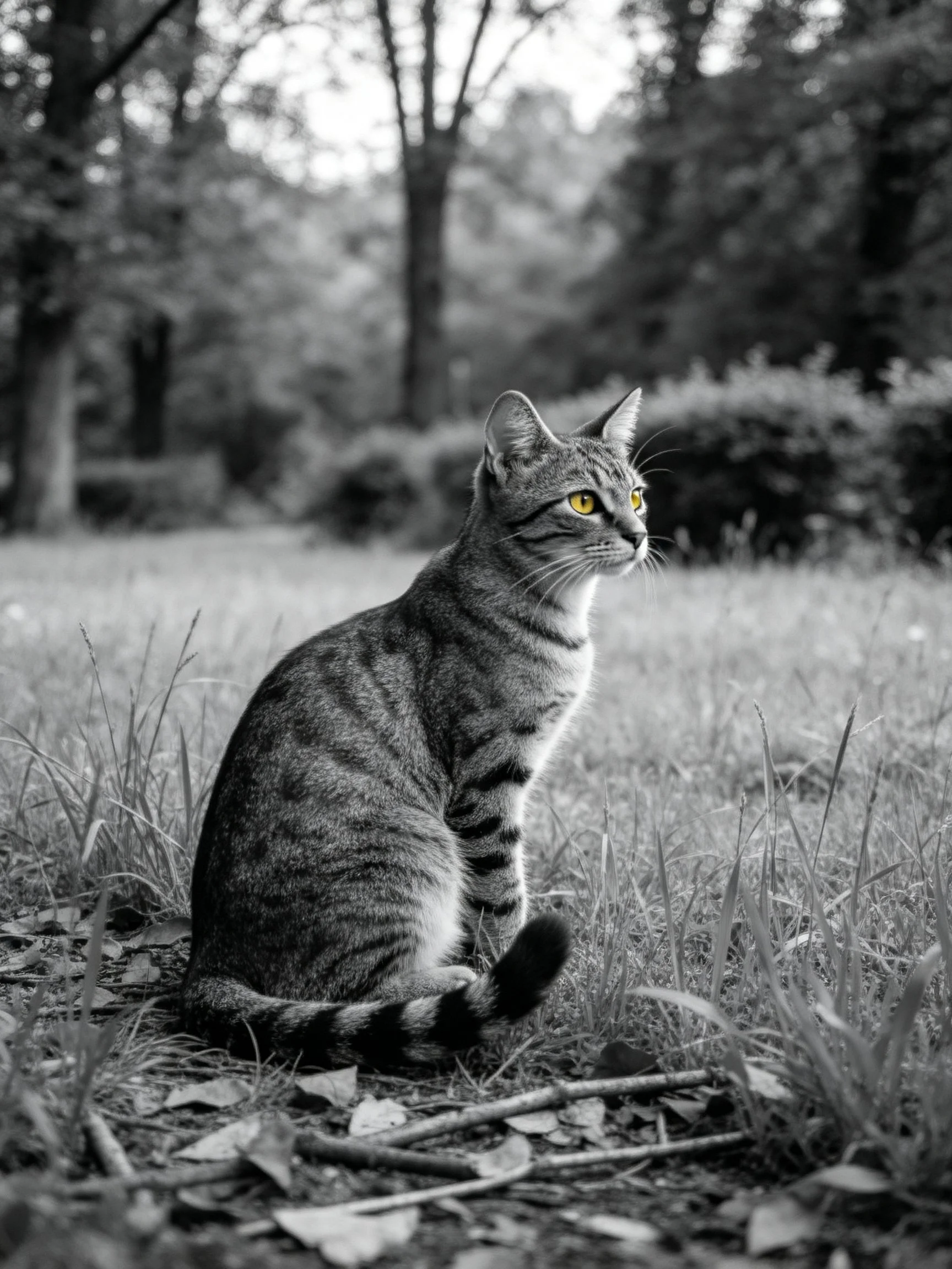 A tabby cat with vivid yellow eyes sits calmly in a grassy outdoor area.