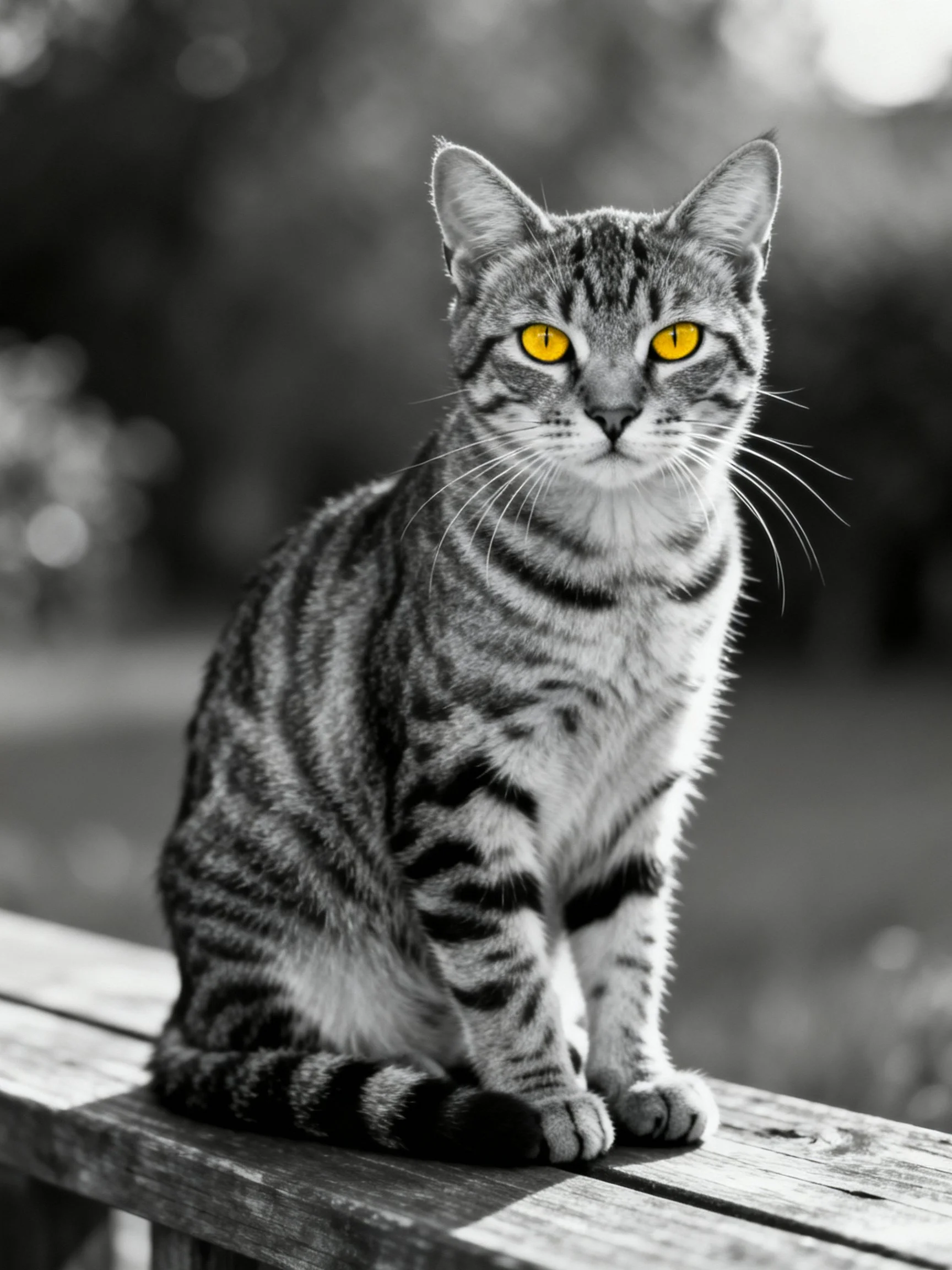 A tabby cat with vivid yellow eyes rests on a wooden structure.