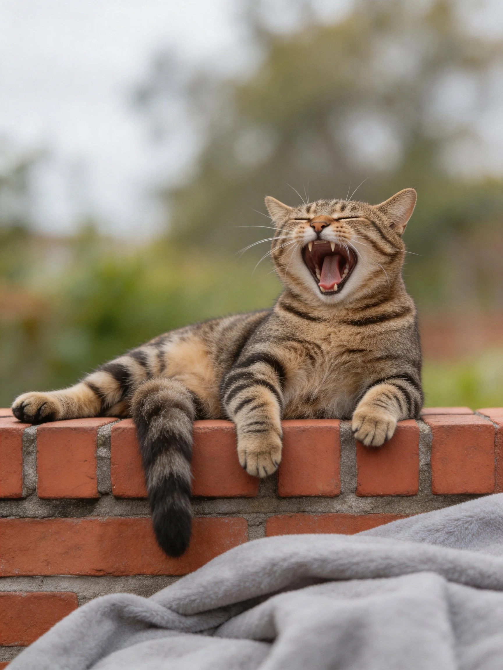 A striped tabby cat yawning on a red brick wall