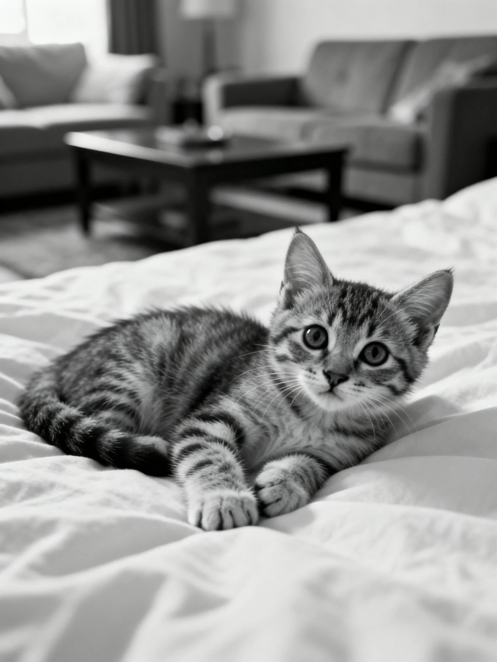 A striped tabby kitten lies on a white bedspread in a cozy living room