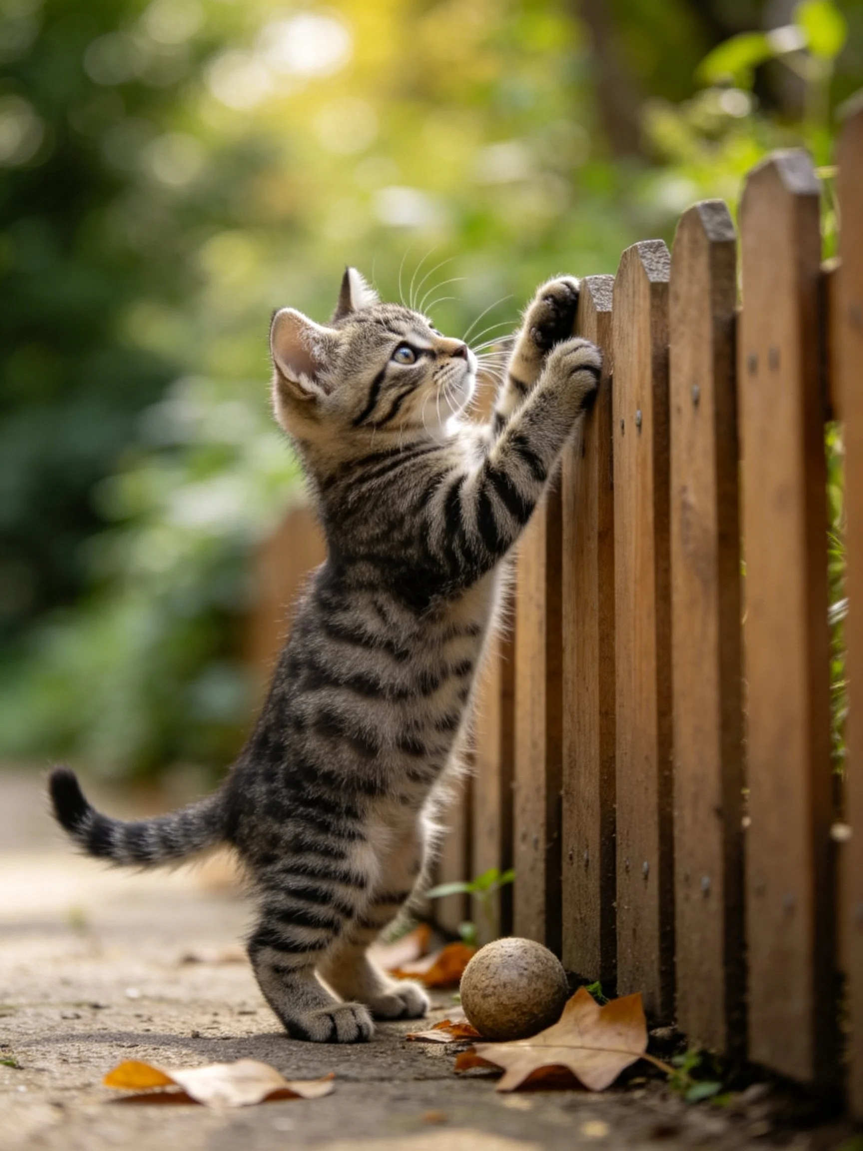 A striped tabby kitten reaching up toward a brown wooden fence