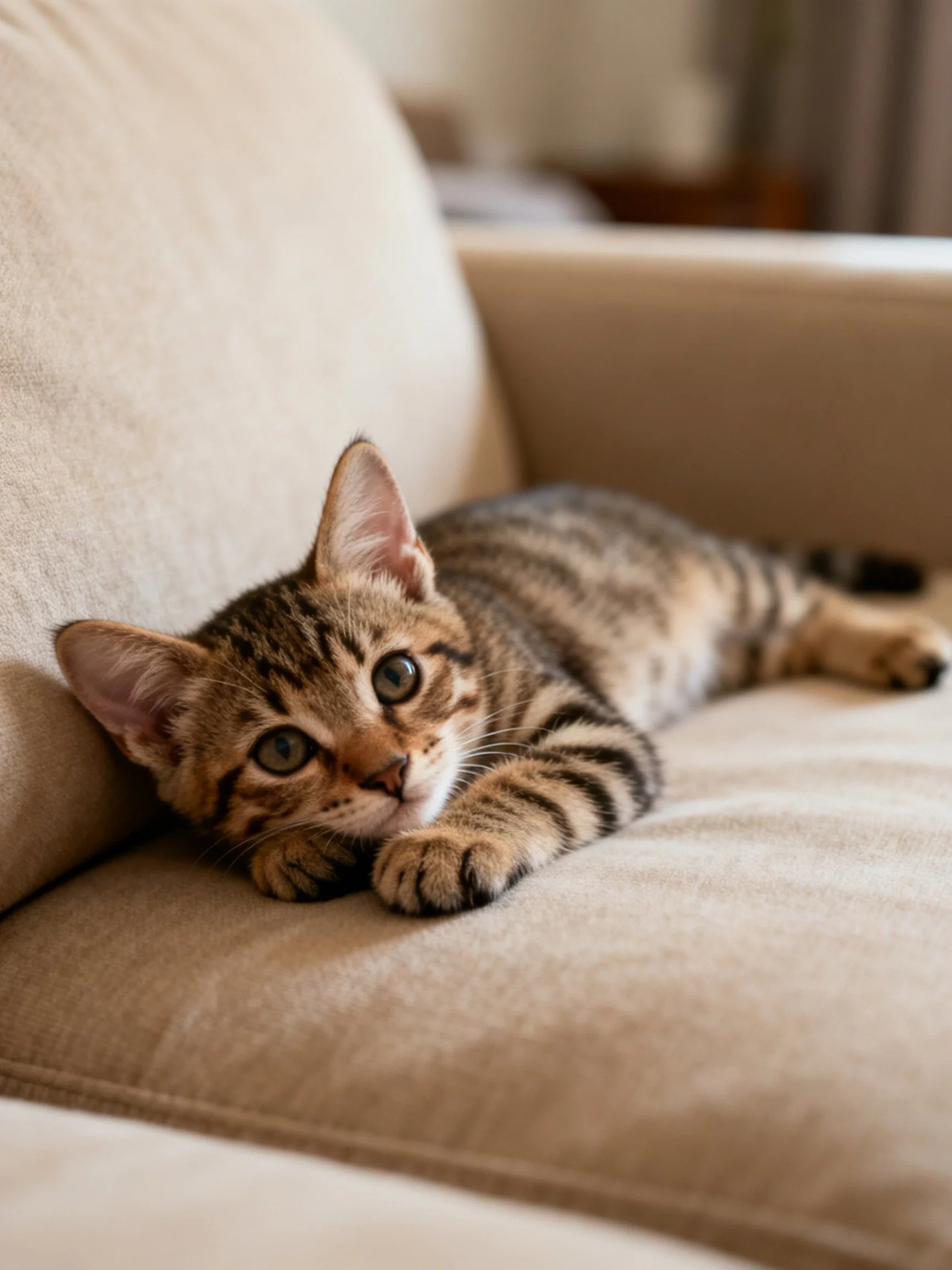 A striped tabby kitten relaxes on a beige sofa.
