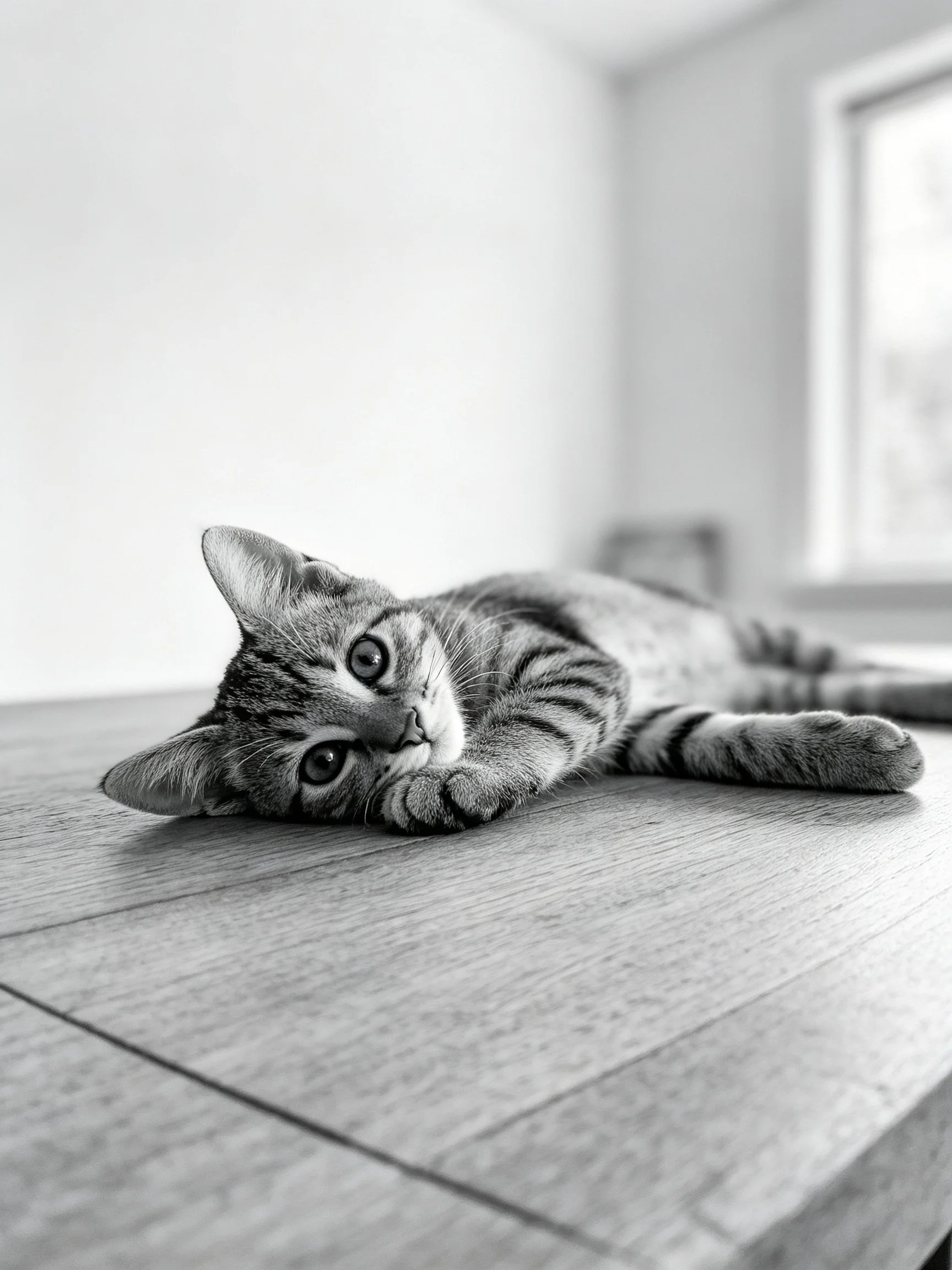 A striped tabby kitten resting on a wooden table in monochrome