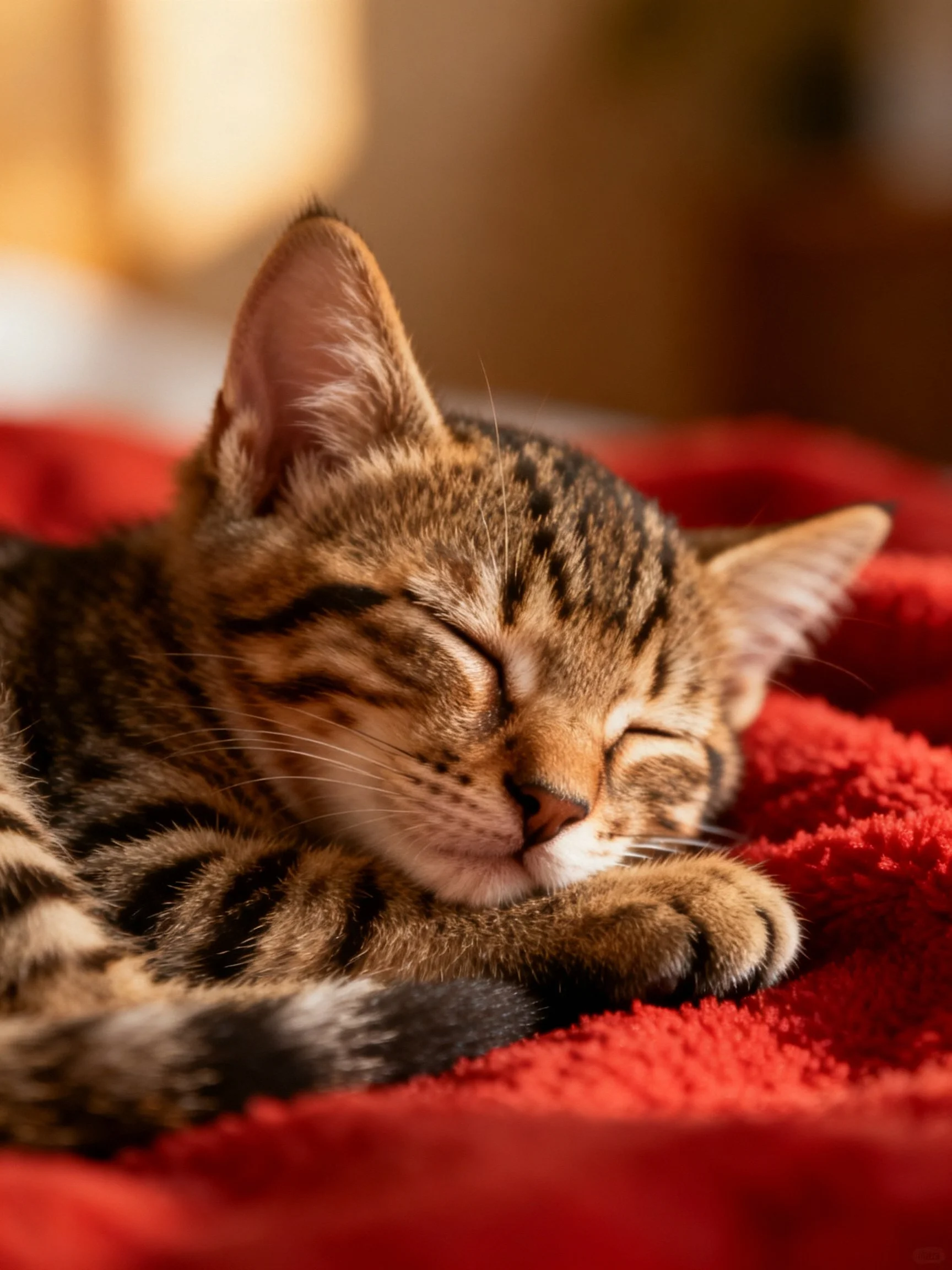A striped tabby kitten sleeps on a red blanket