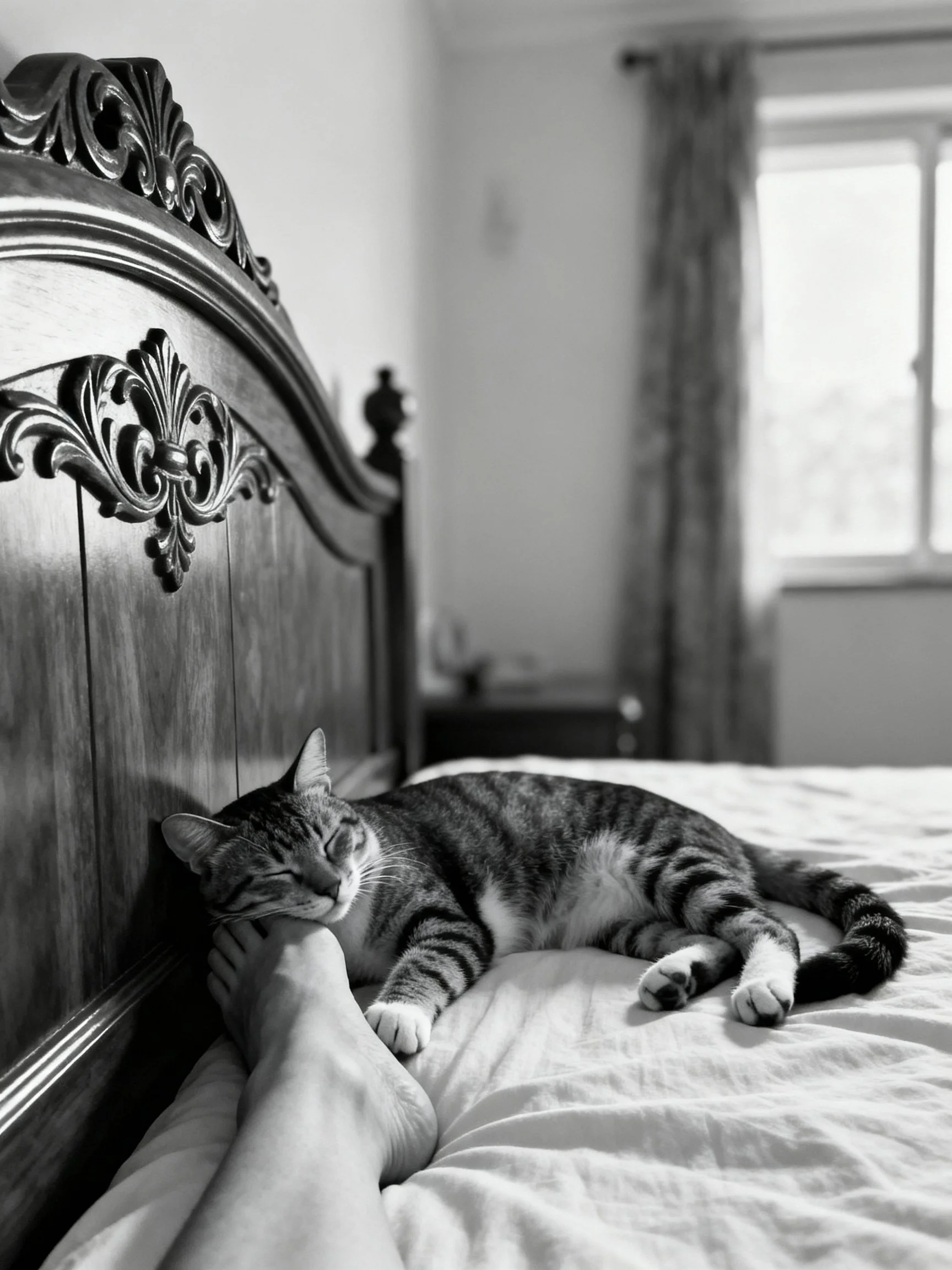 A striped tabby rests against an ornate wooden headboard
