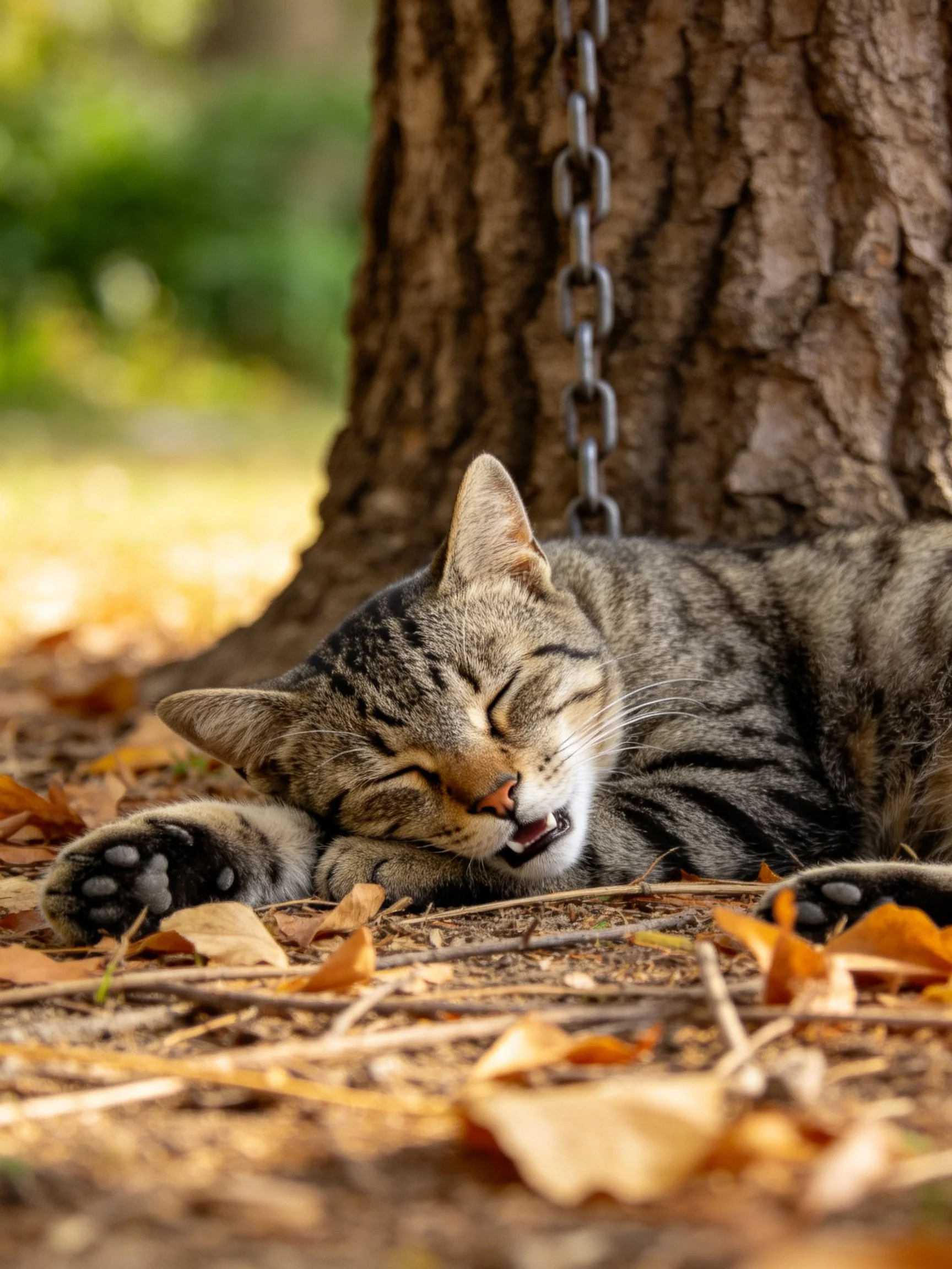 A striped tabby rests by a tree trunk amid fallen autumn leaves