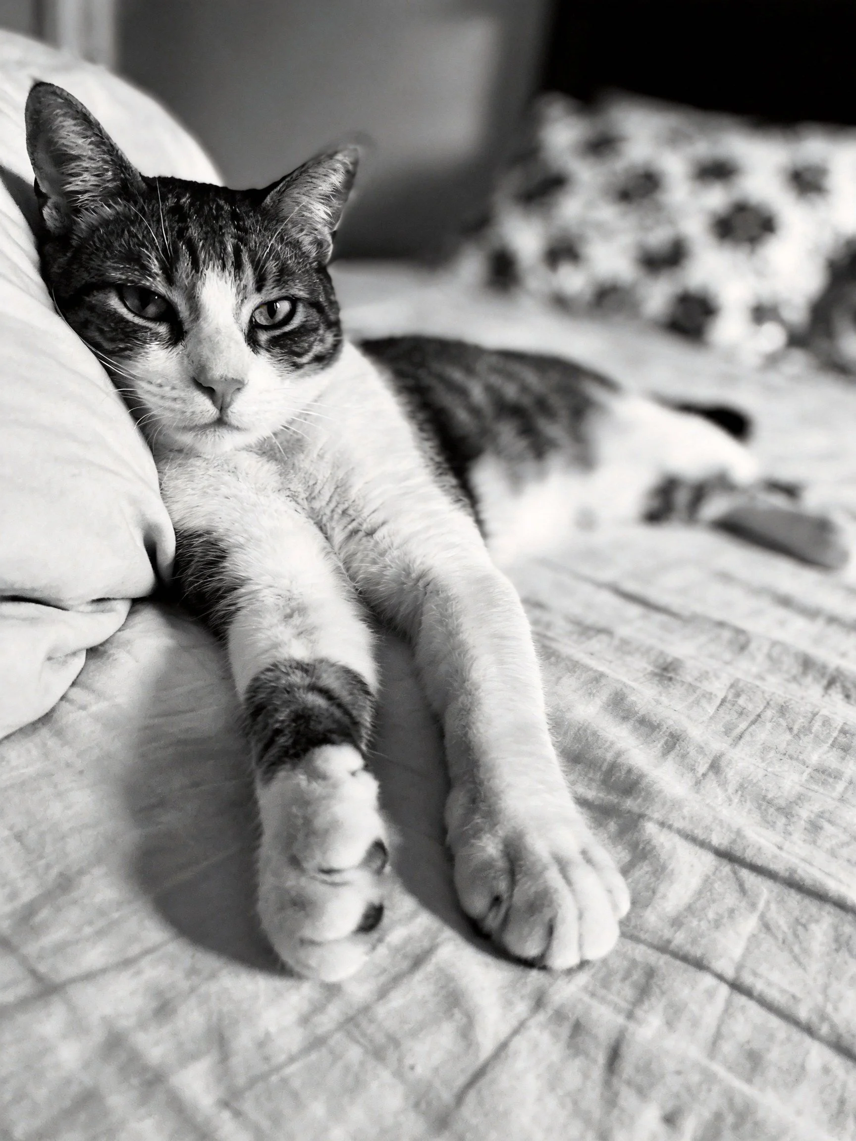 A tabby and white cat lounges on a bed with patterned pillows