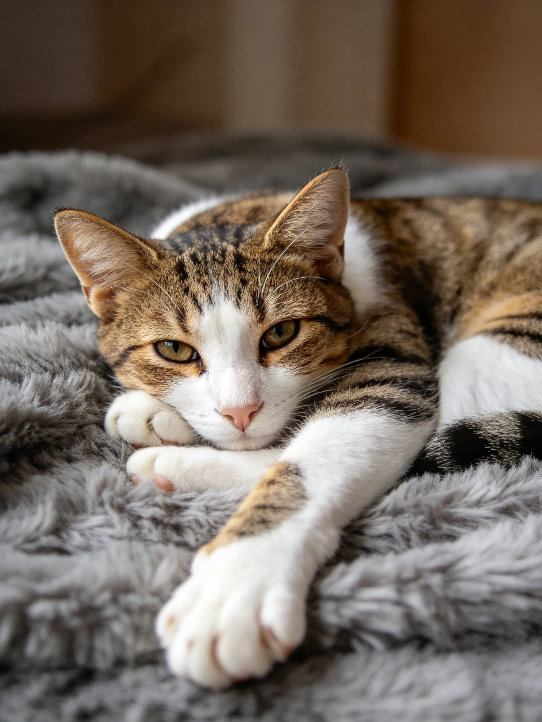 A tabby and white cat lounges on a plush gray blanket