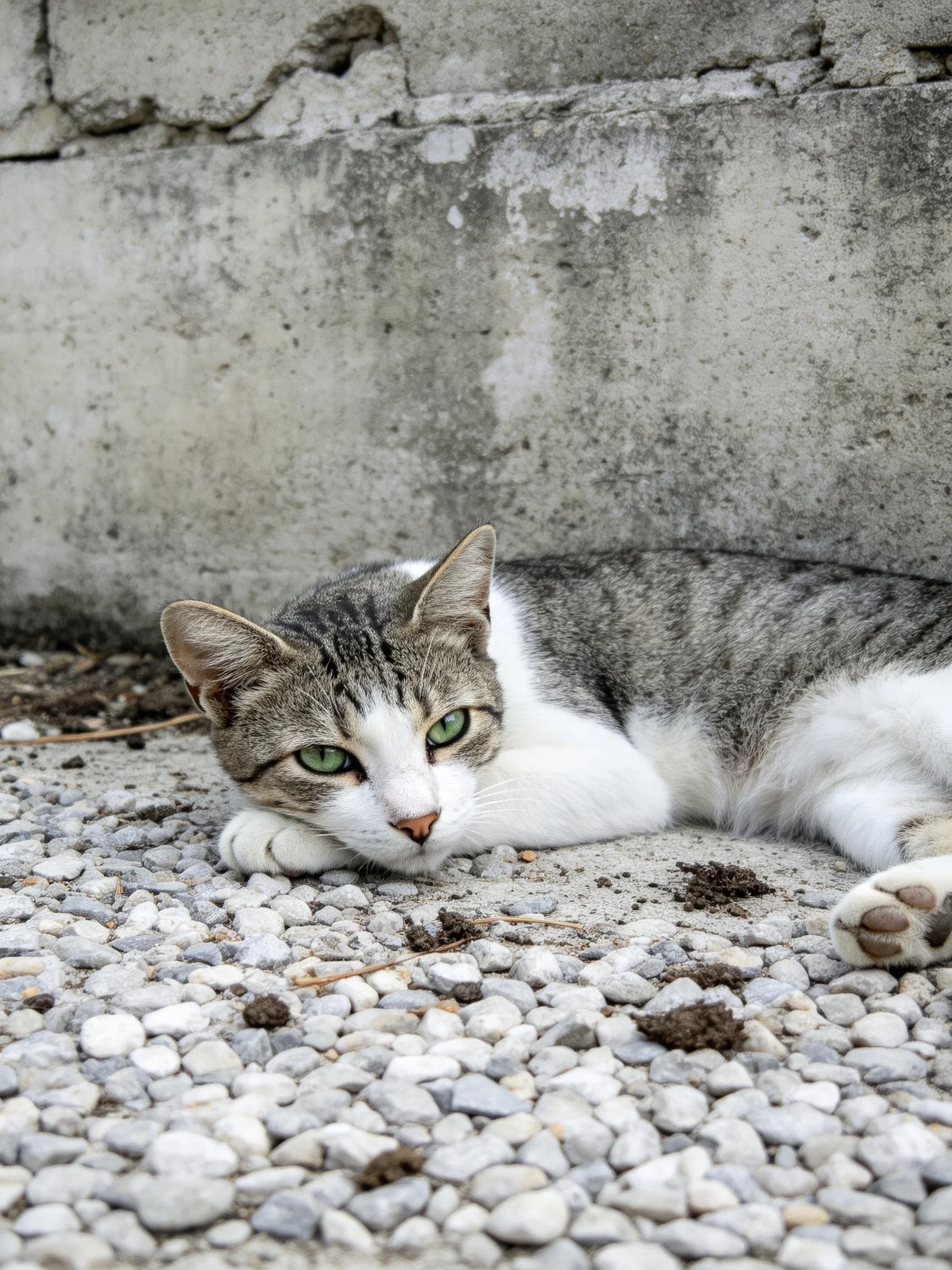 A tabby and white cat lounges on pebbles next to a weathered concrete wall