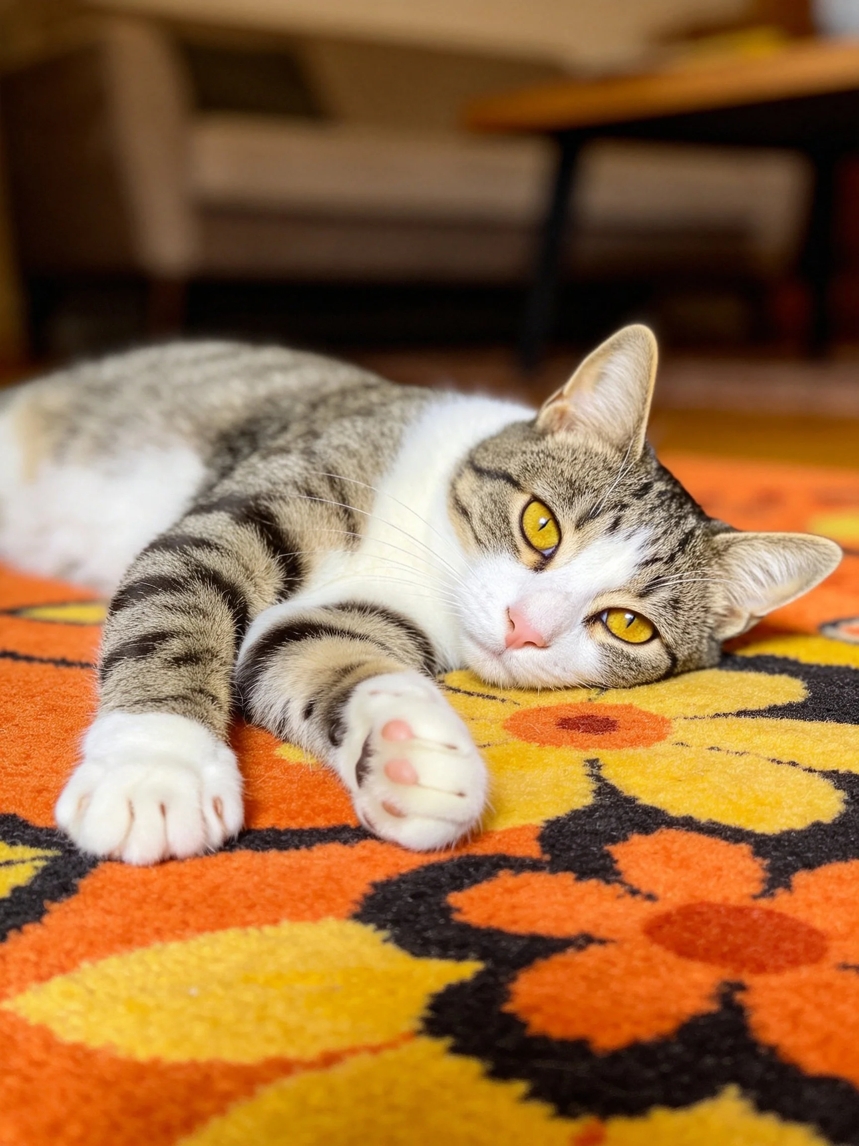 A tabby and white cat lounging on a vibrant floral-patterned rug