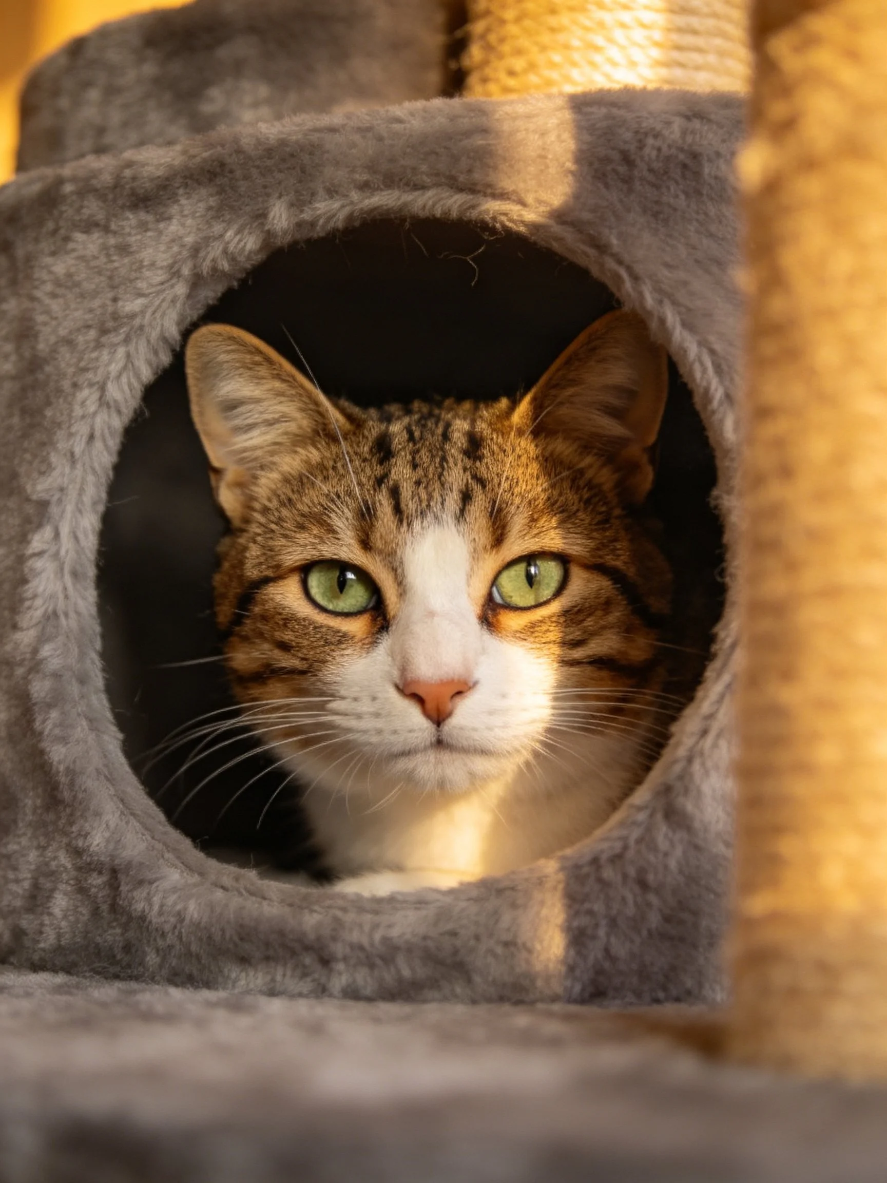 A tabby and white cat peeks from a gray plush cat tunnel with golden posts