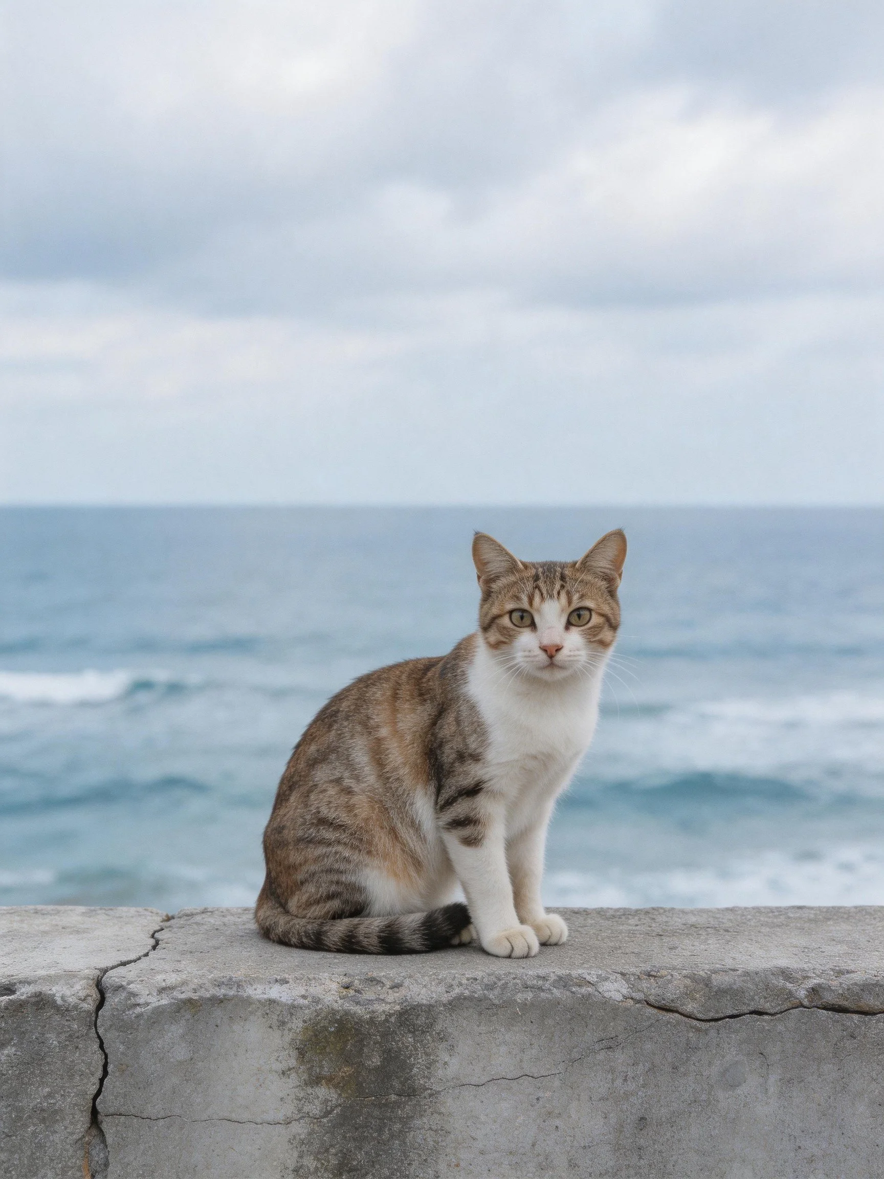 A cat sits on a weathered concrete ledge overlooking the ocean