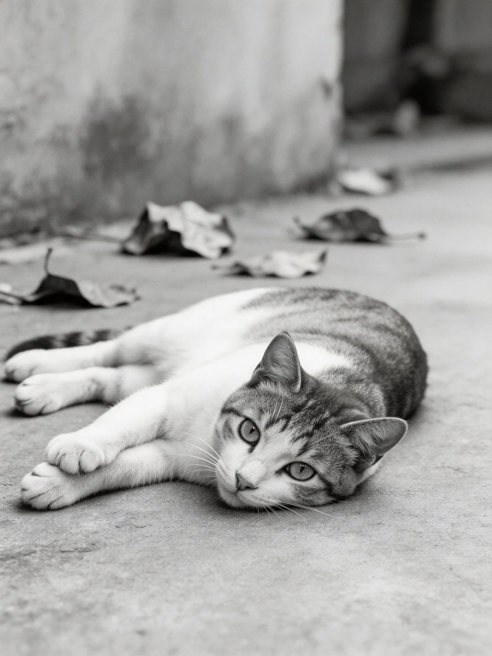 A tabby and white cat reclines near scattered leaves on a concrete surface