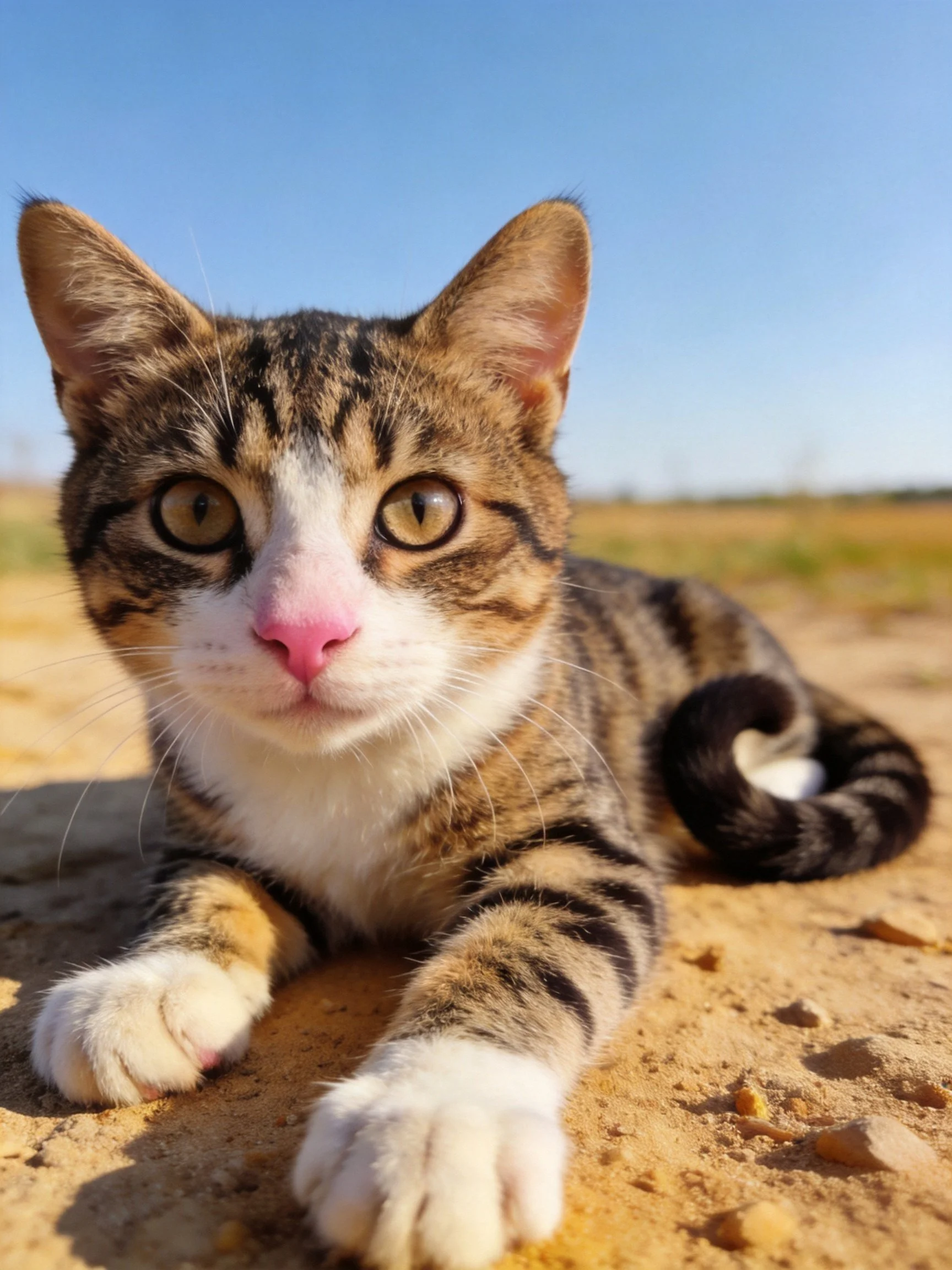 A tabby and white cat lies calmly on sandy ground in bright daylight.