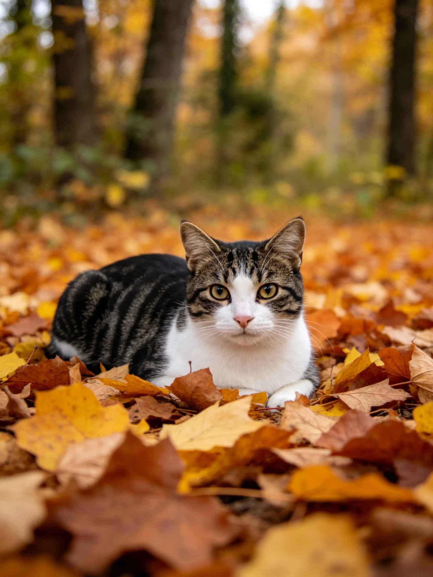 A tabby and white cat sits calmly among fallen autumn leaves in a forest.