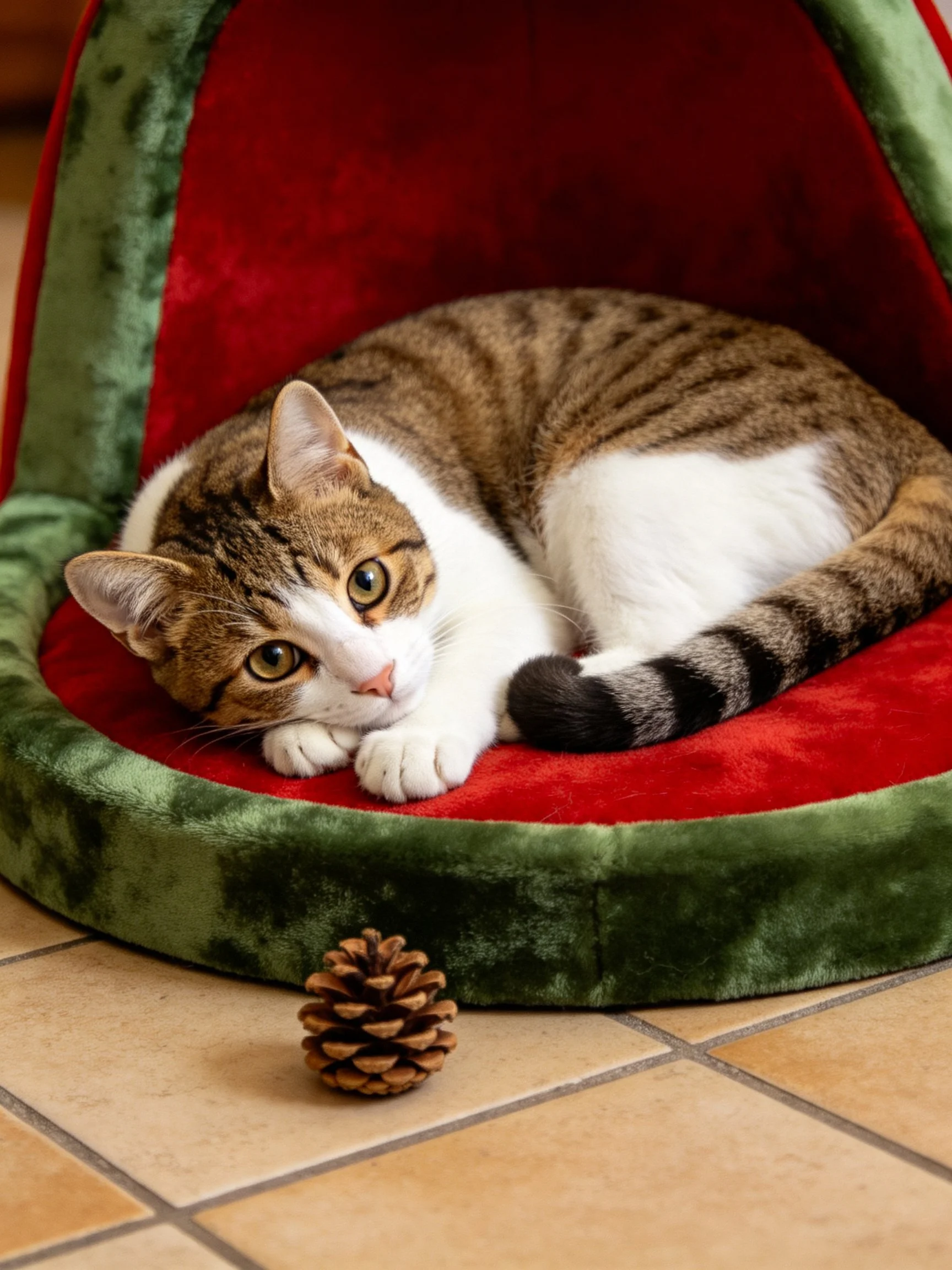 A tabby and white cat rests in a red-green pet bed beside a pinecone