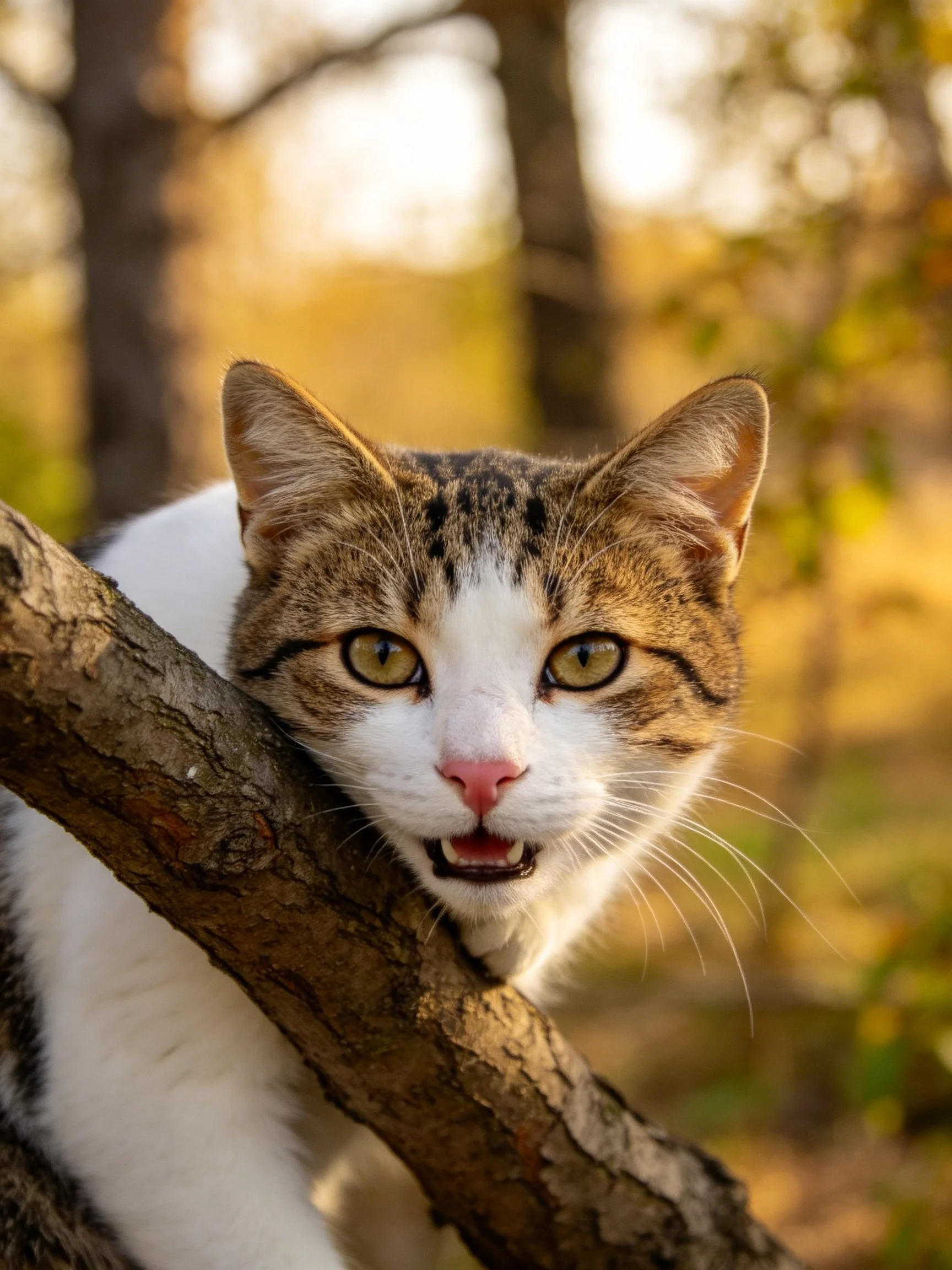 A tabby and white cat perches on a tree branch in a sunlit natural landscape.