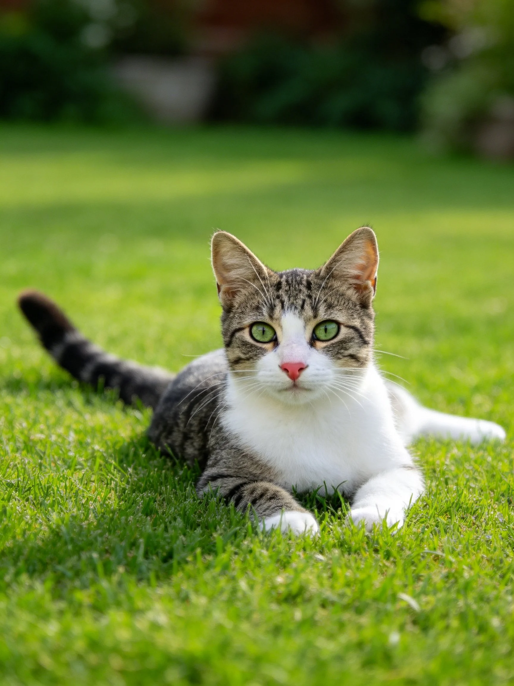 A tabby and white cat relaxes on green grass in a sunlit outdoor space.