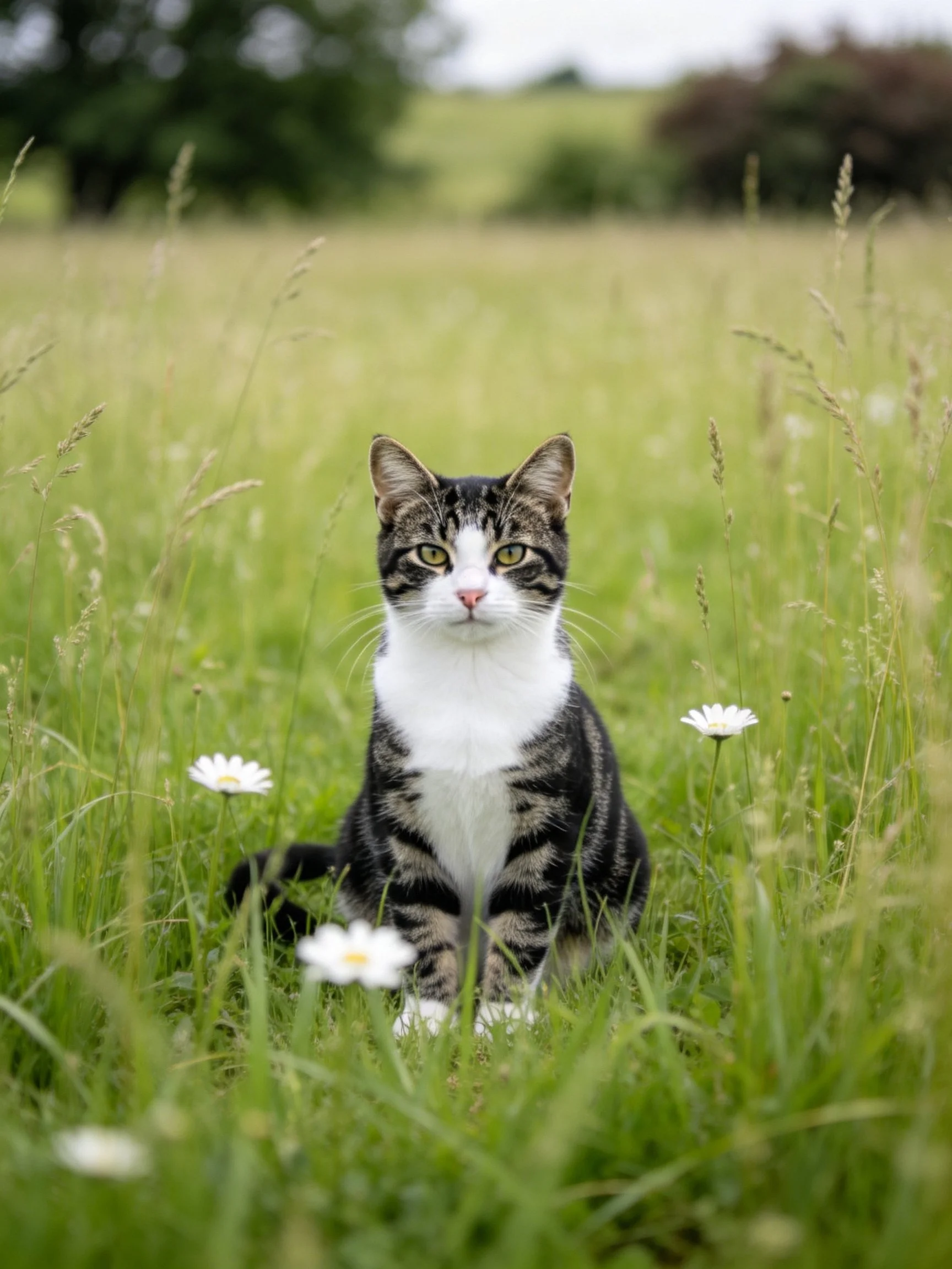 A tabby and white cat sits calmly in a field of tall green grass.