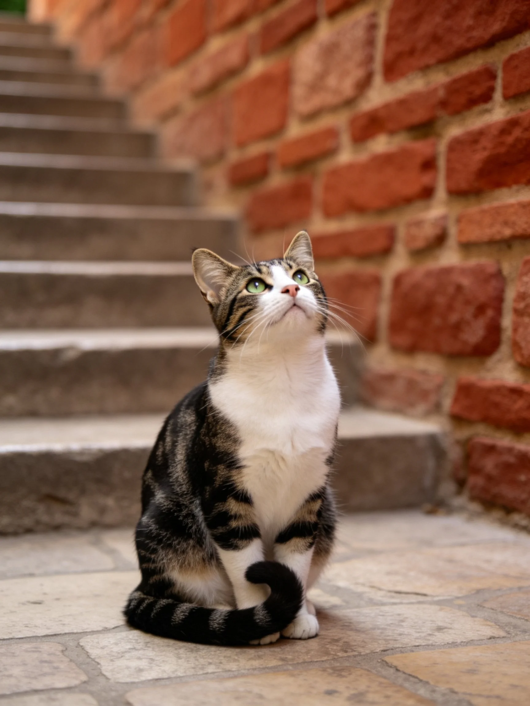 A tabby and white cat sits near a red brick wall beside stone steps.