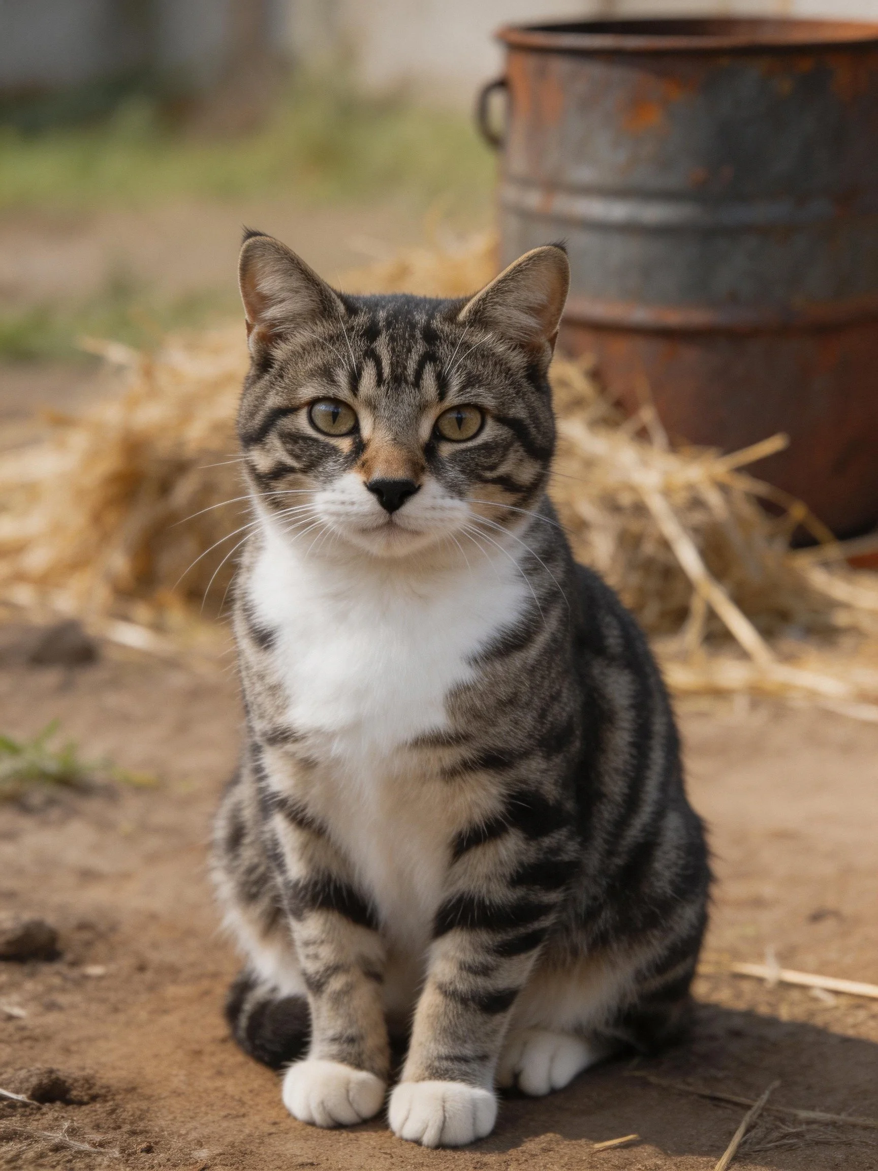 A tabby and white cat sits calmly near hay and a weathered metal barrel.