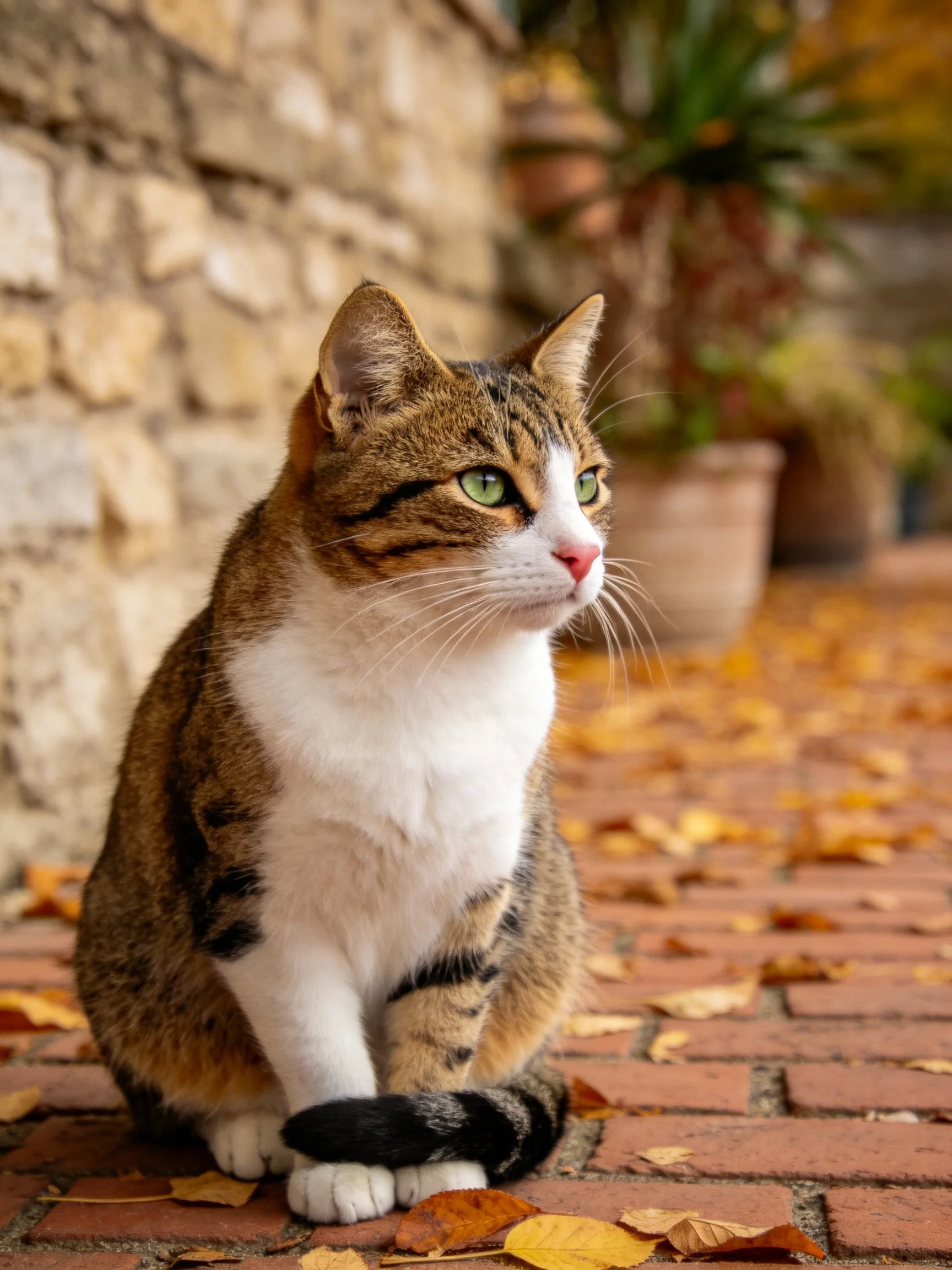 A tabby and white cat sits on a brick path with autumn leaves