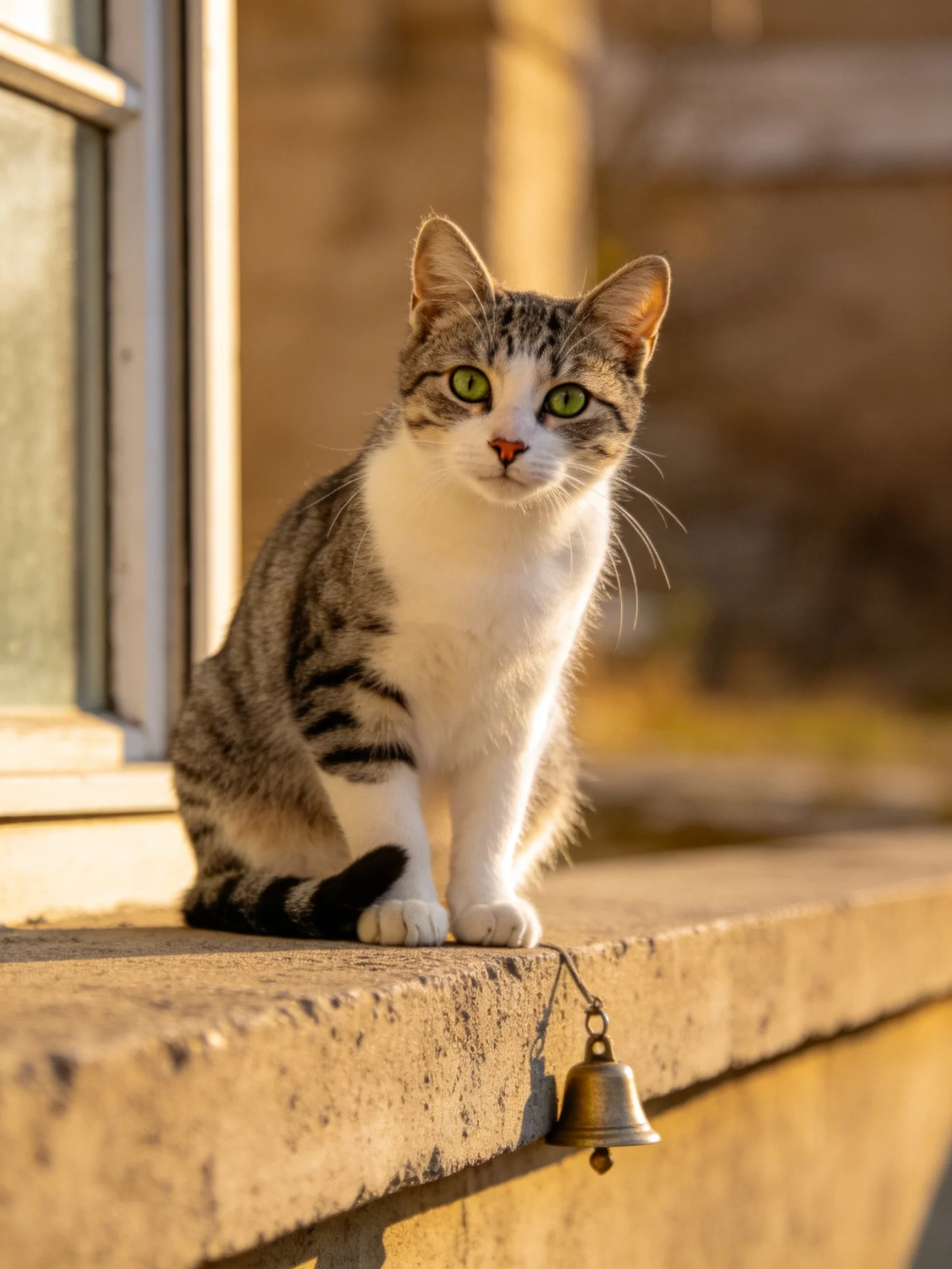A tabby and white cat sits on a sunlit windowsill near a small bell