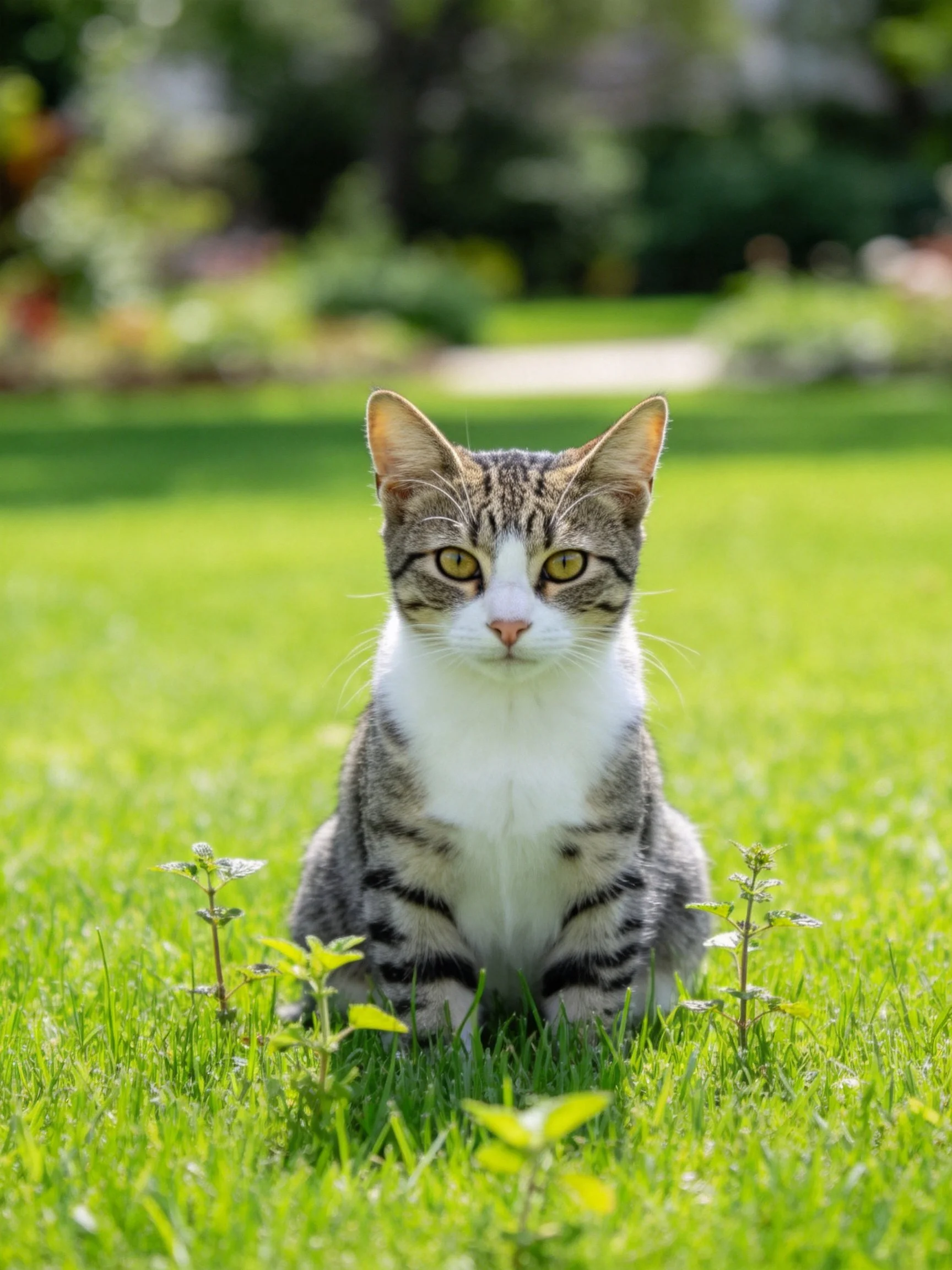 A tabby and white cat sits on a grassy lawn