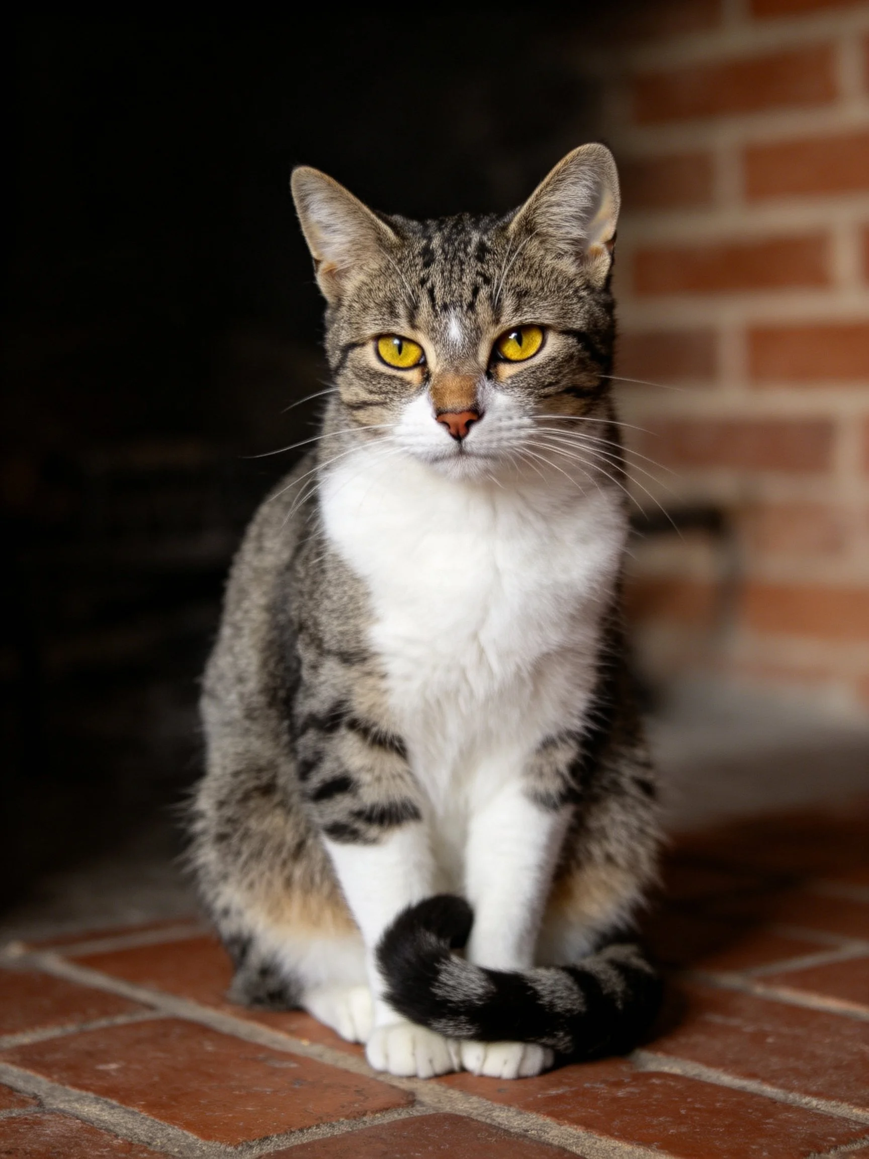 A tabby and white cat sits calmly on red brick flooring near a brick wall