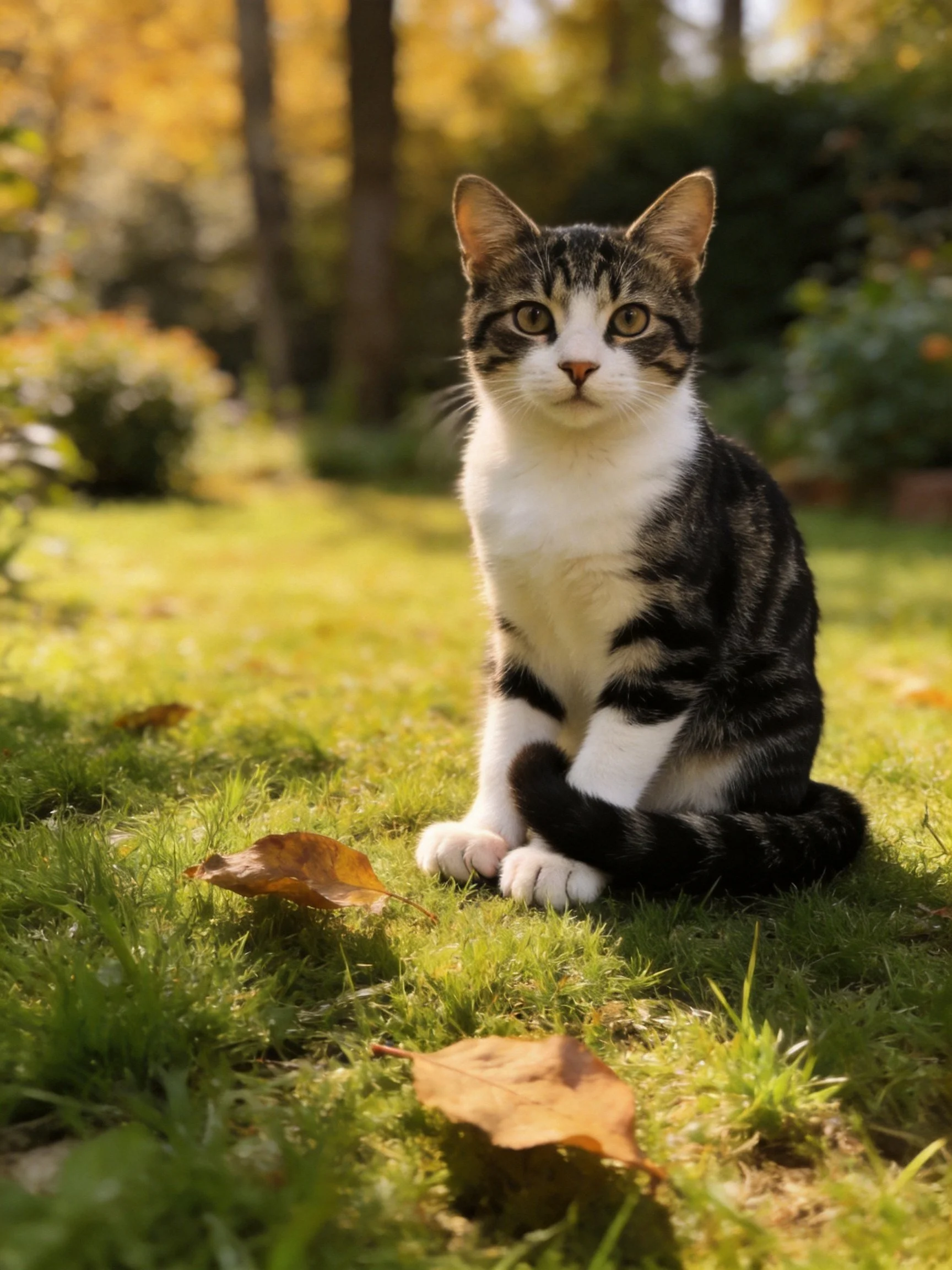A tabby and white cat sits on sunlit grass amid autumn foliage