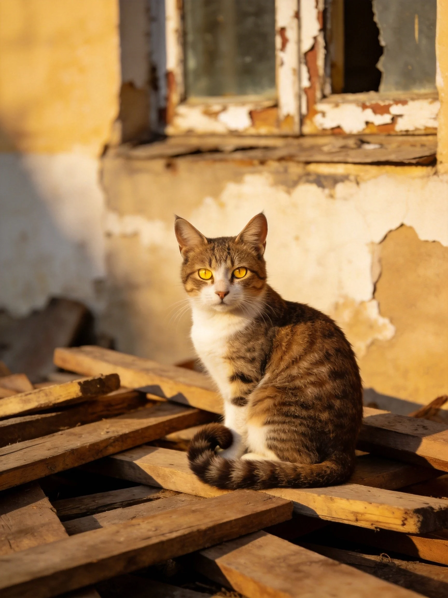 A tabby and white cat sits on weathered wood near a peeling window