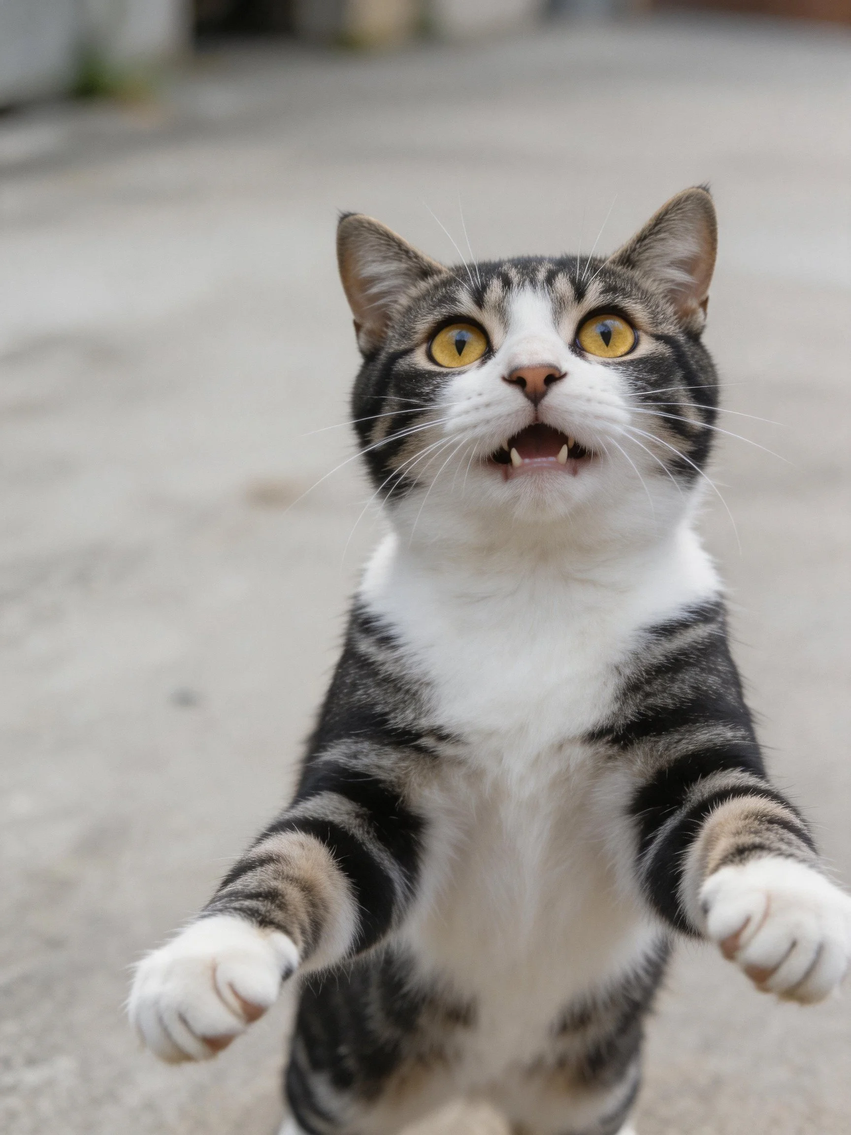 A tabby and white cat stands upright with wide yellow eyes