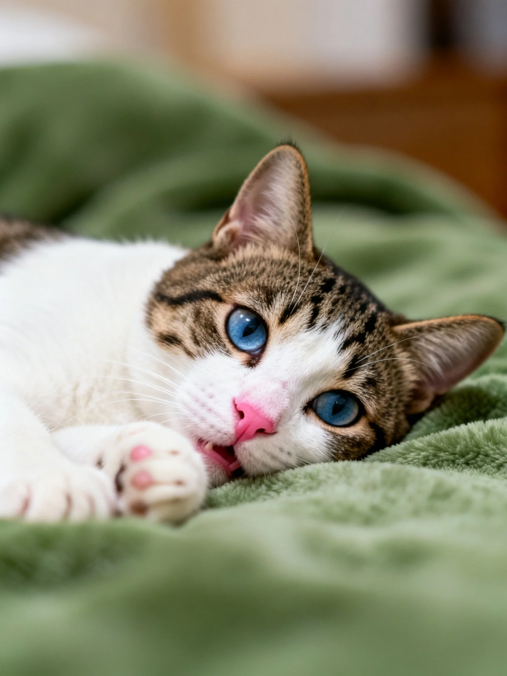A tabby and white cat with blue eyes resting on a soft green blanket